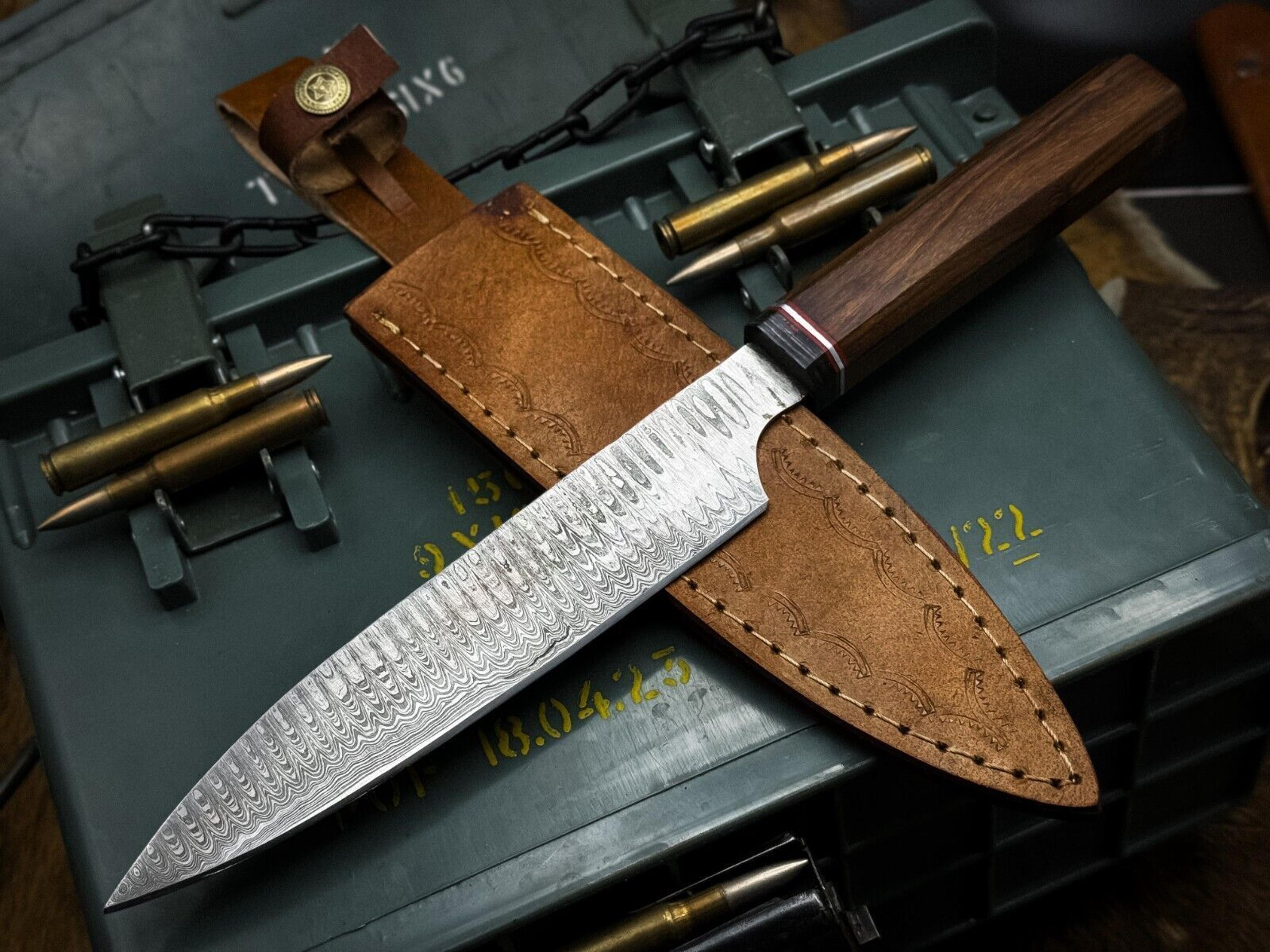 hand-forged damascus steel chef knife with wooden handle & leather protector