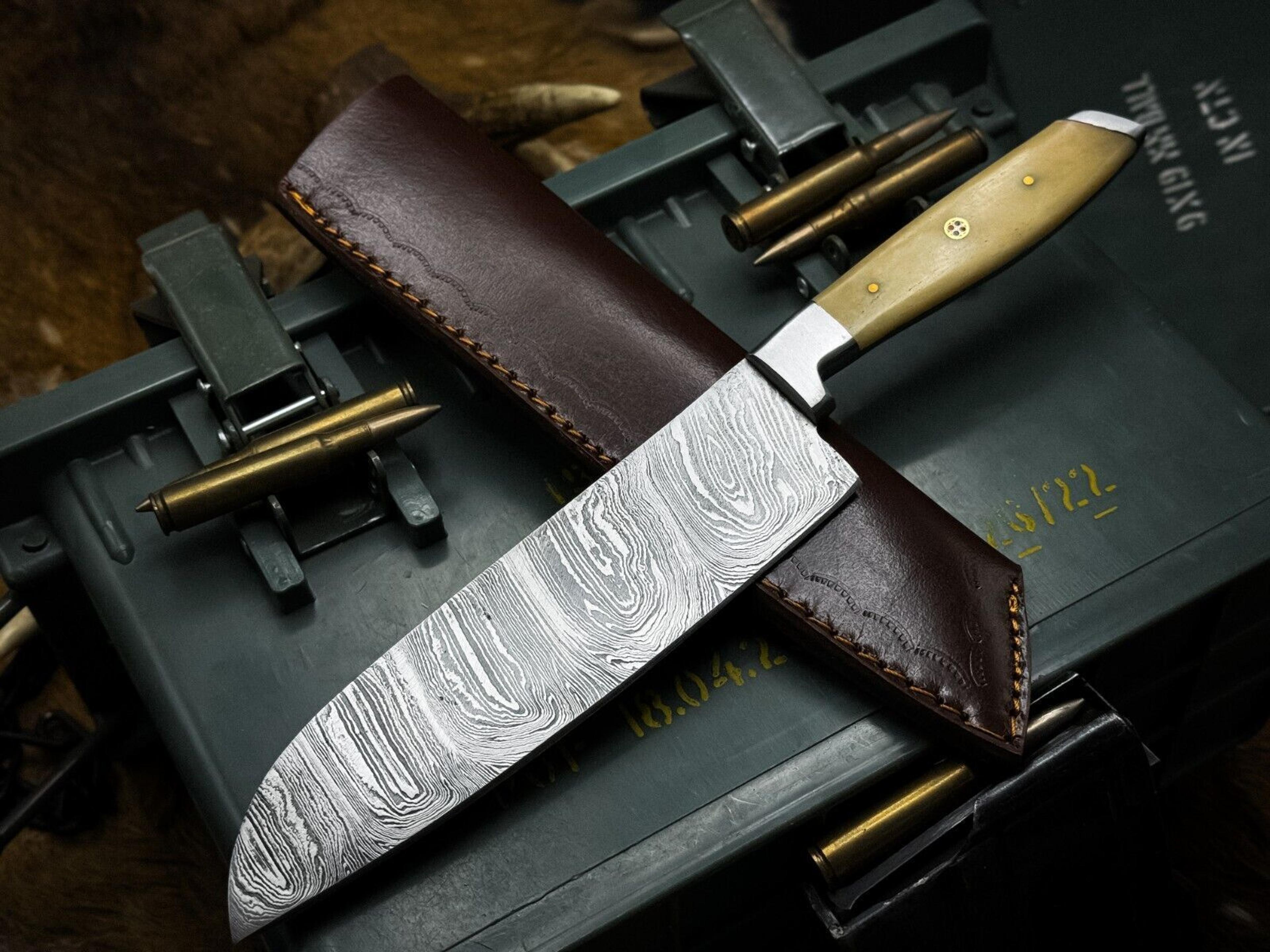 handmade damascus steel hunting & kitchen chef knife with bone handle and leather sheath