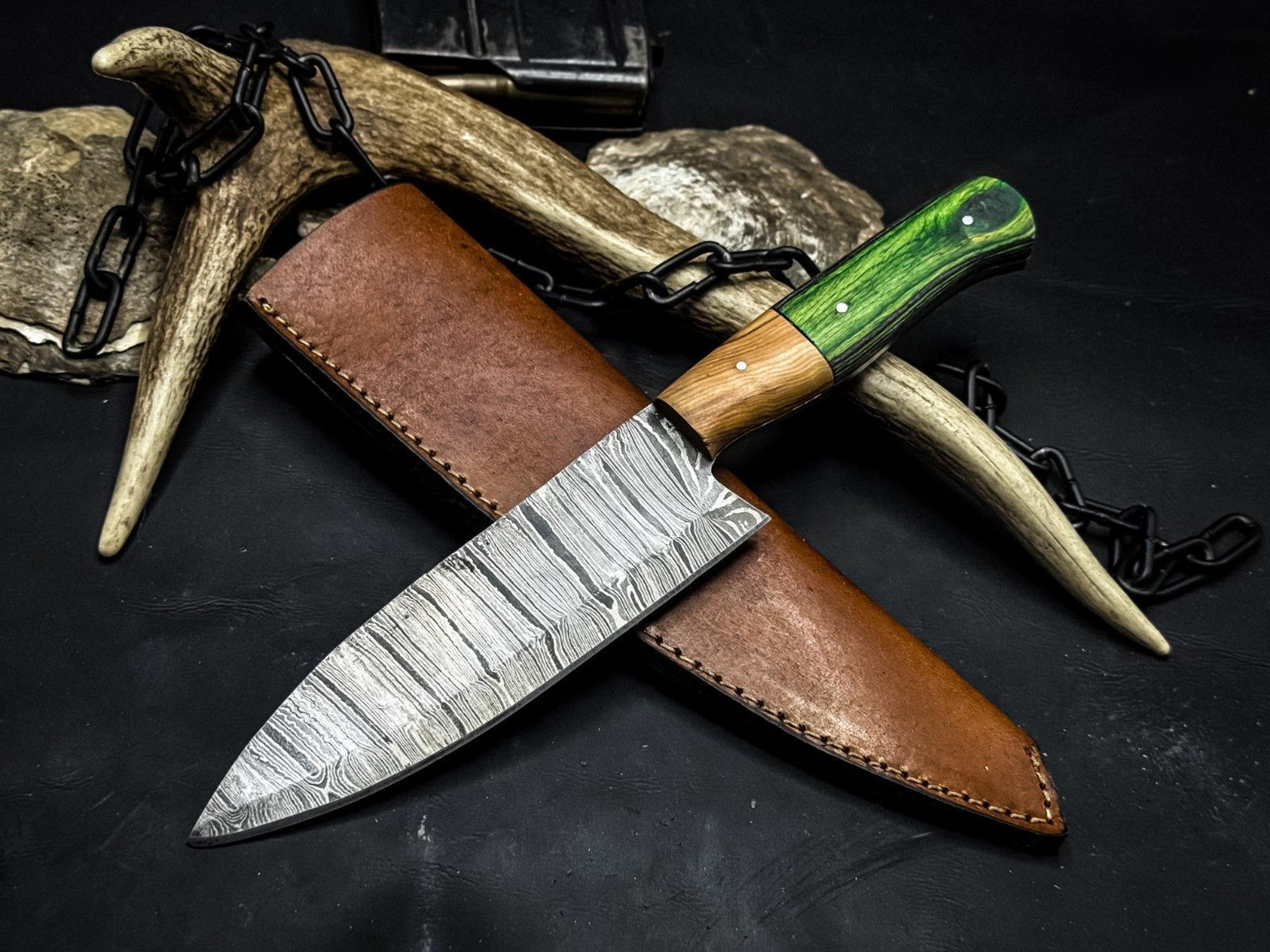 hand-forged damascus chef knife with wooden handle & original leather sheath