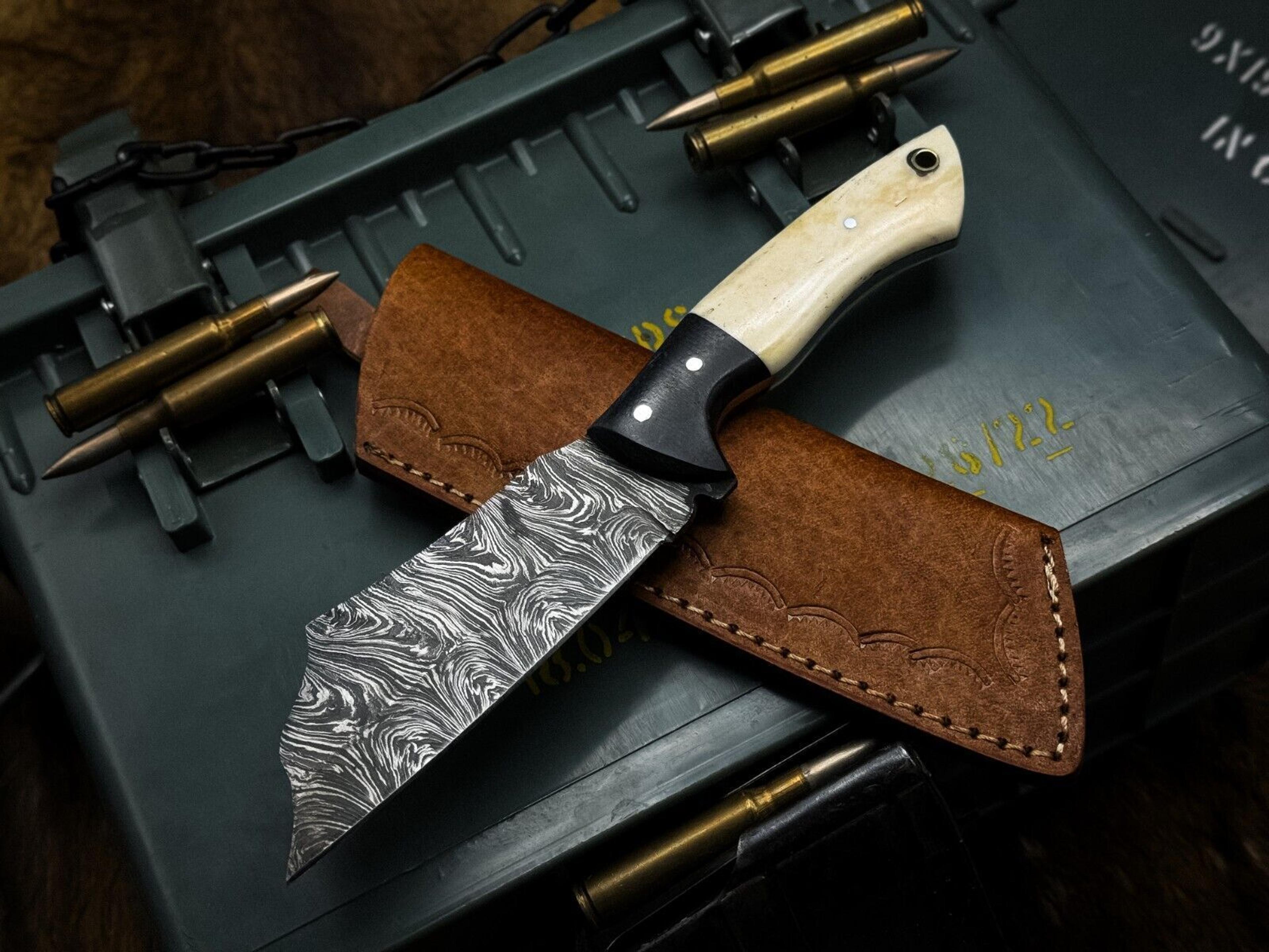 premium handmade damascus chef knife with bone handle and leather cover