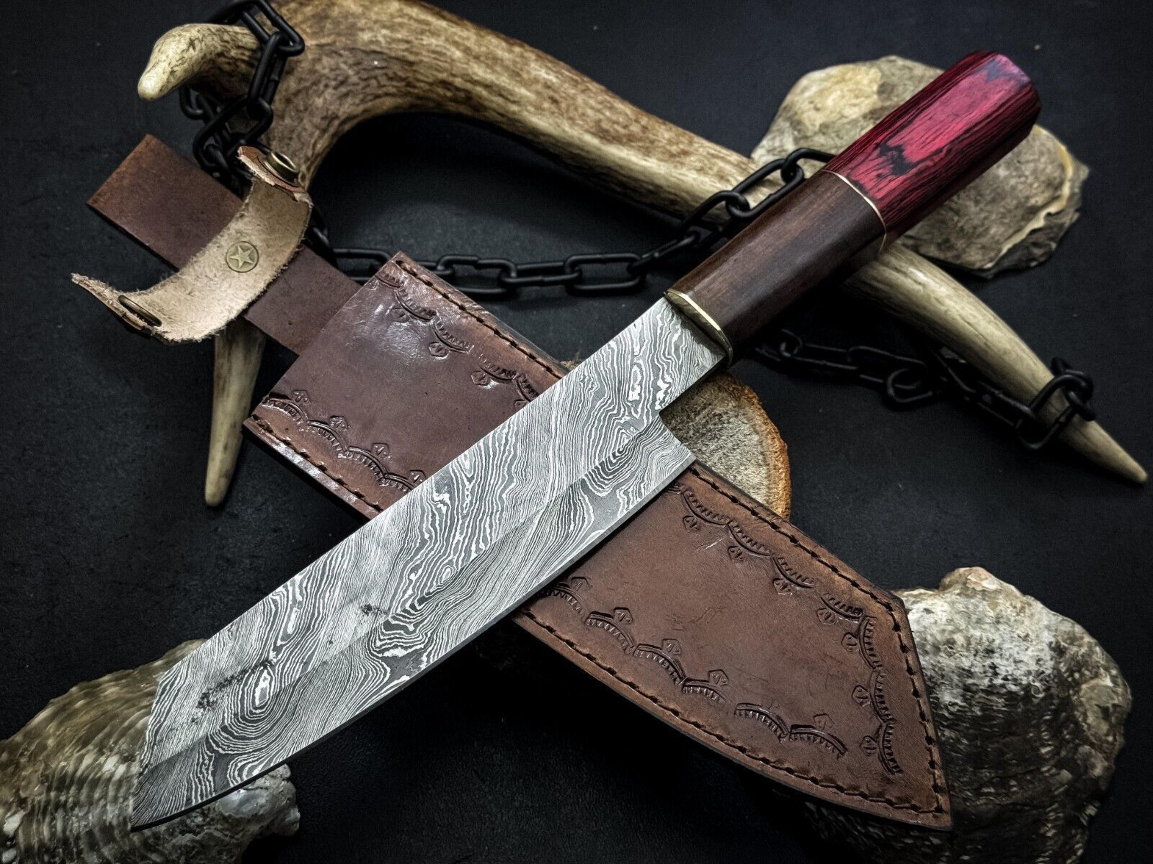 unique hand-forged damascus chef knife with natural wood handle & leather sheath