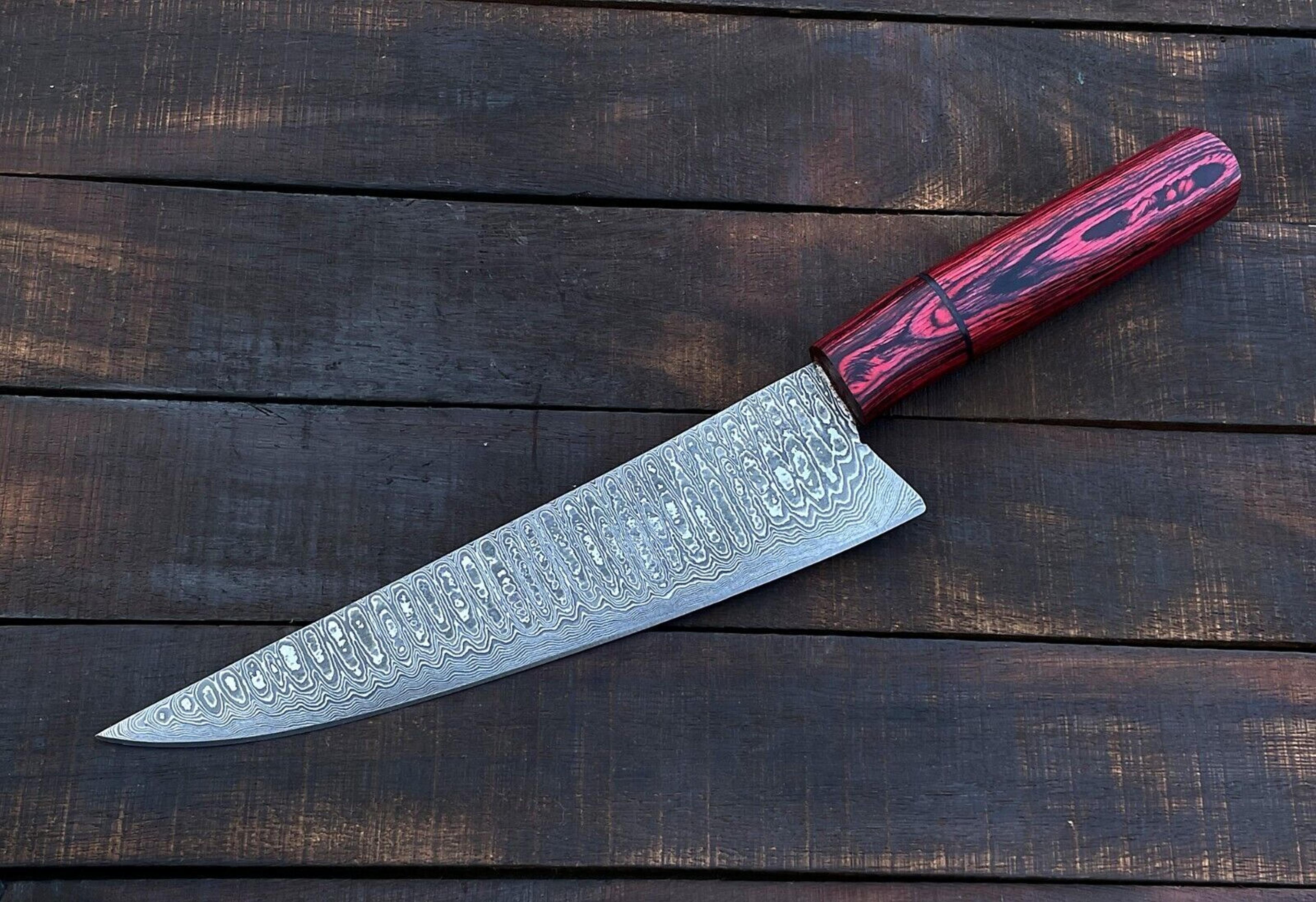 custom damascus steel chef knife with hardwood handle & leather sheath