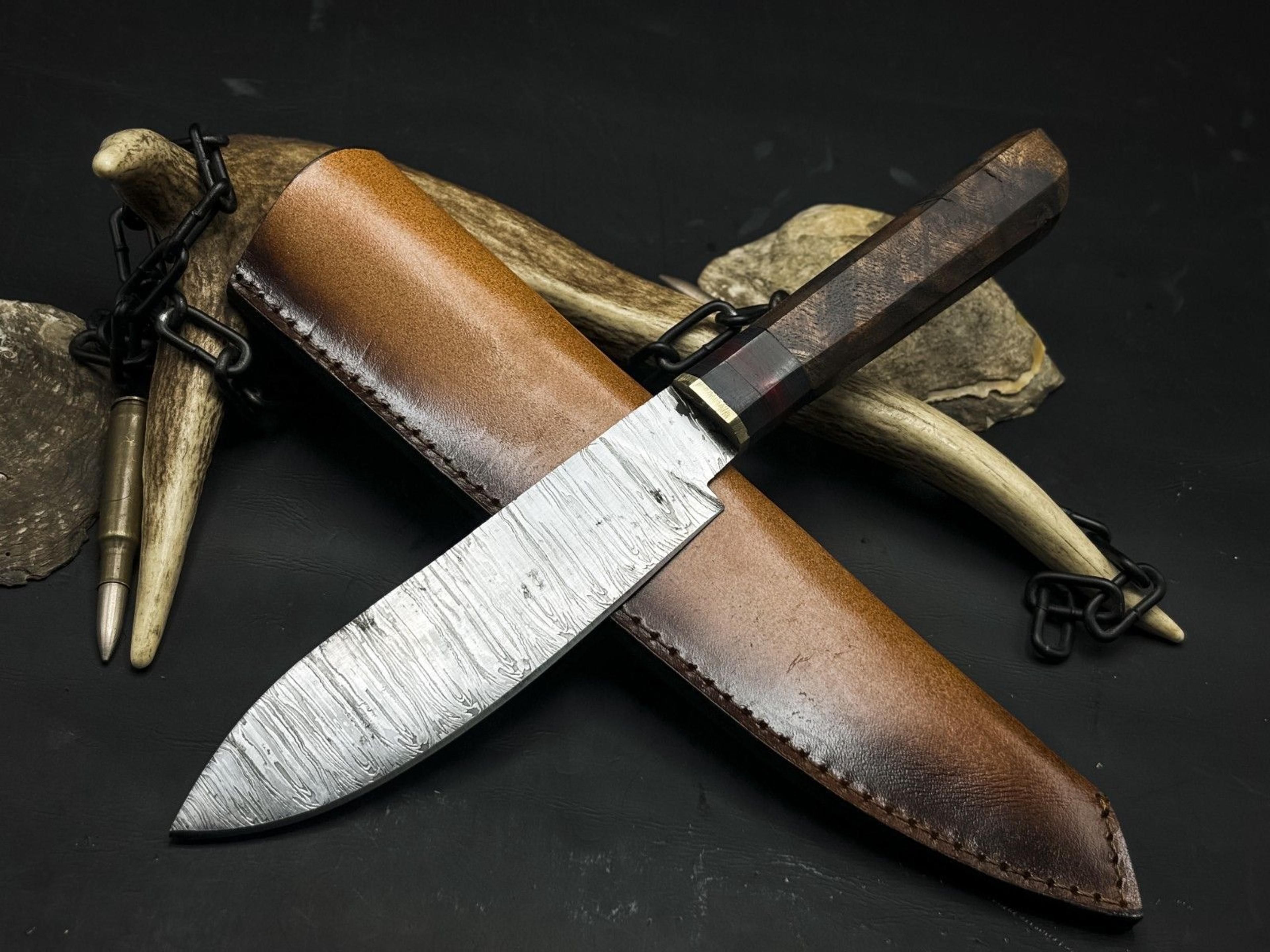 damascus steel kitchen knife with hardwood handle & cowhide leather sheath