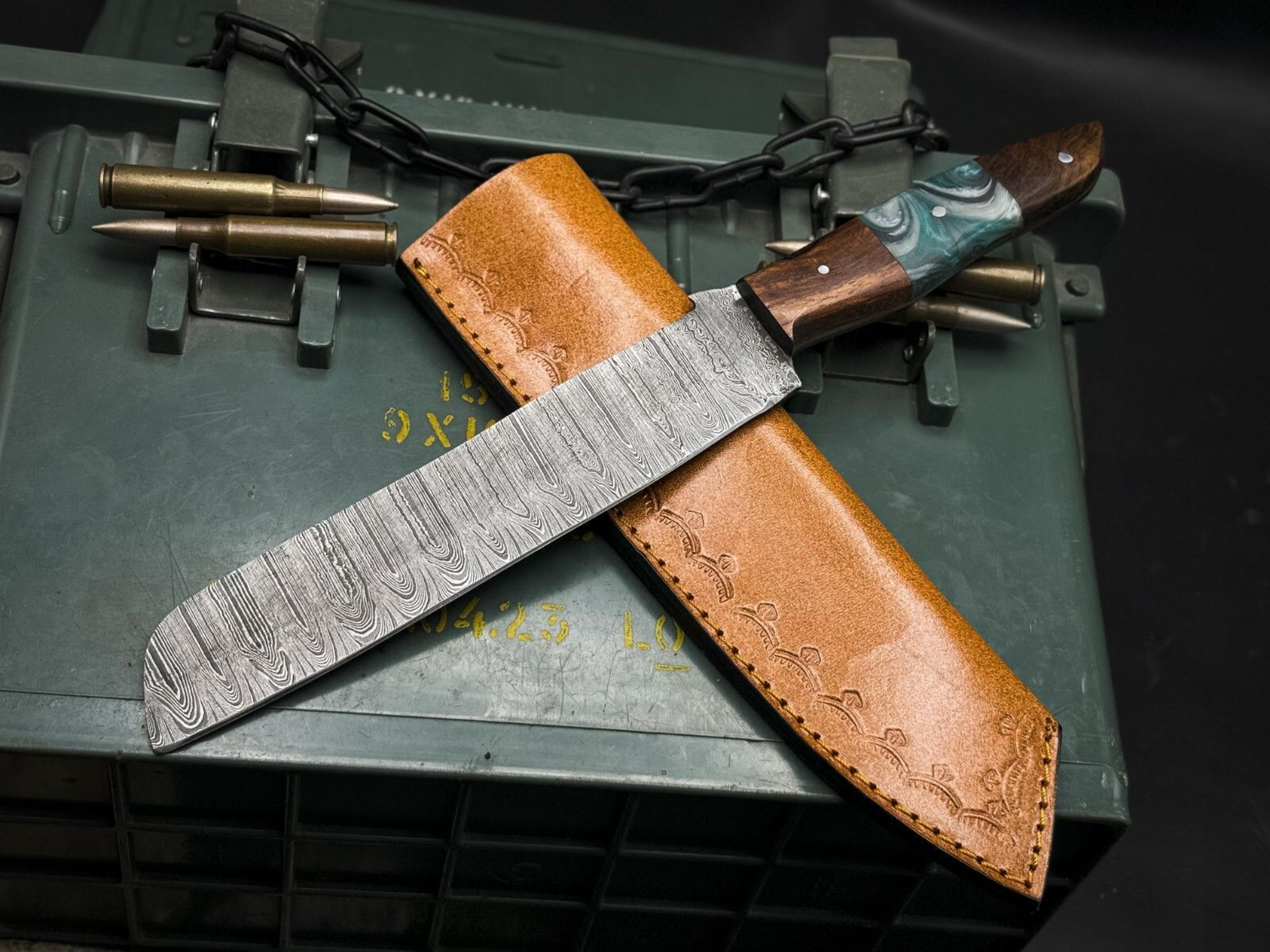premium damascus kitchen knife with polished wood handle & cowhide sheath