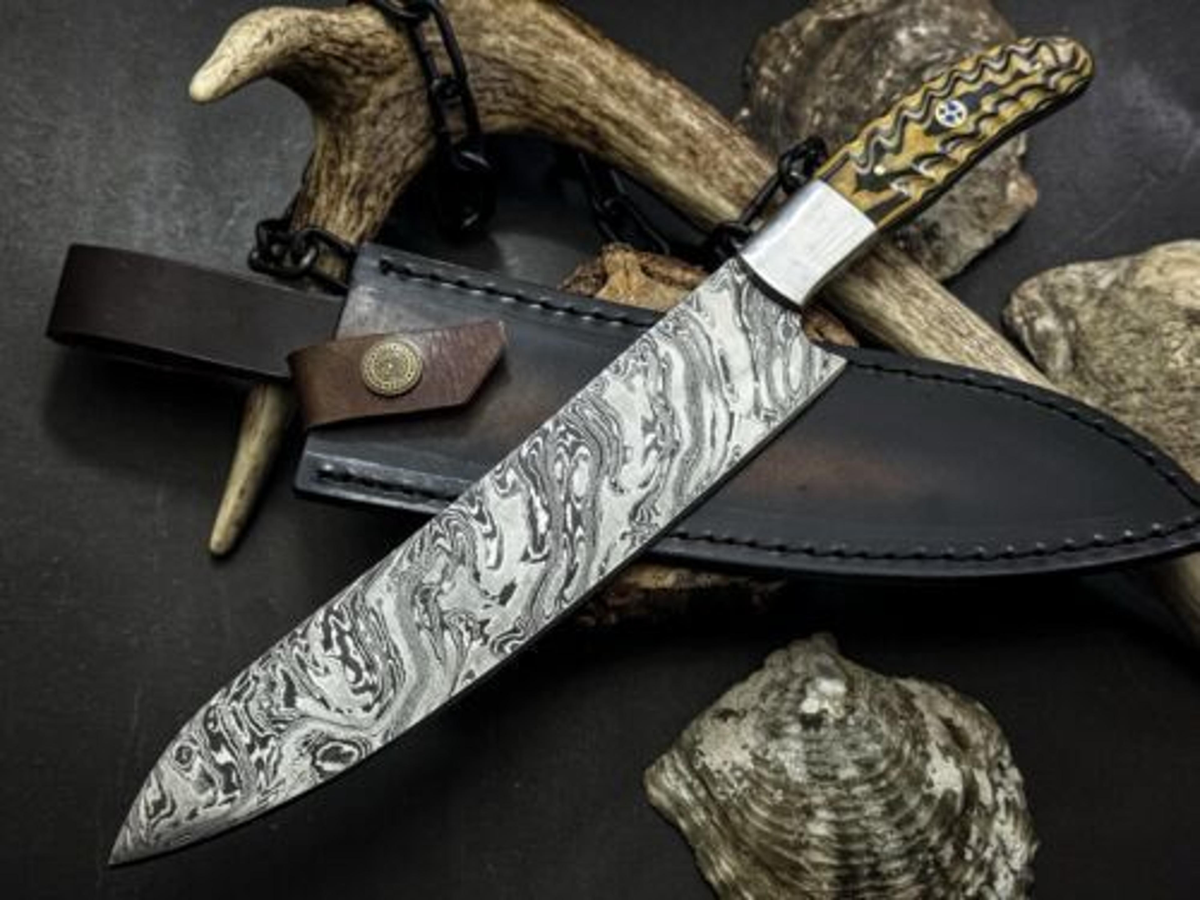 rustic damascus steel chef knife with wood handle & hand-stitched leather sheath