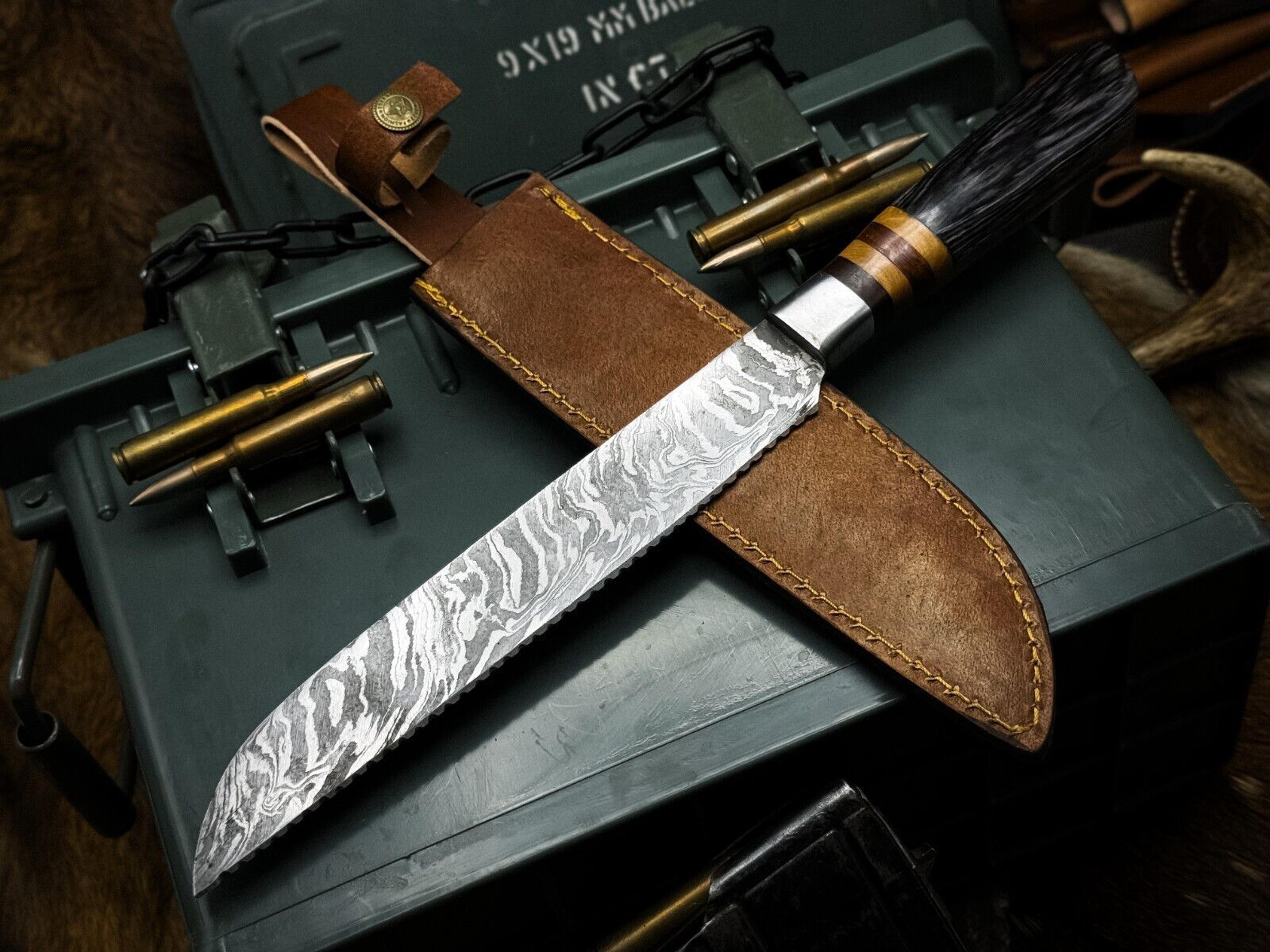 traditional handmade damascus steel knife – wood handle with cowhide sheath