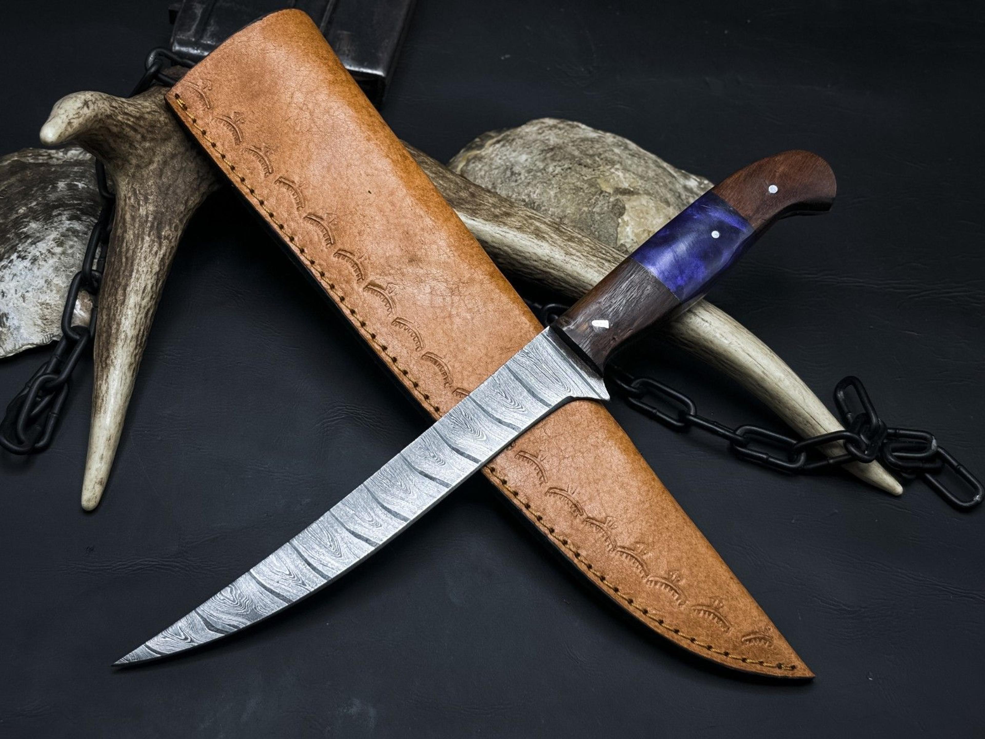 custom damascus steel knife with hardwood handle & leather sheath