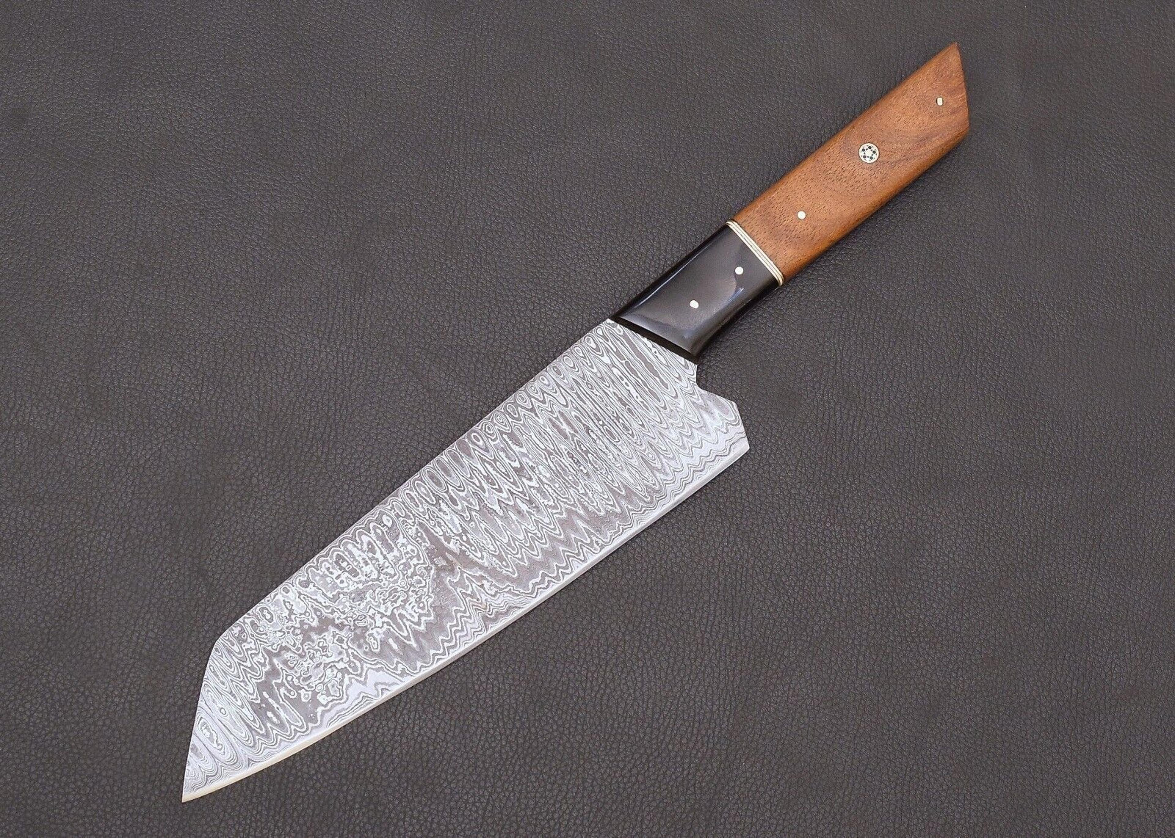 elegant handmade damascus kitchen knife with wood handle & leather case