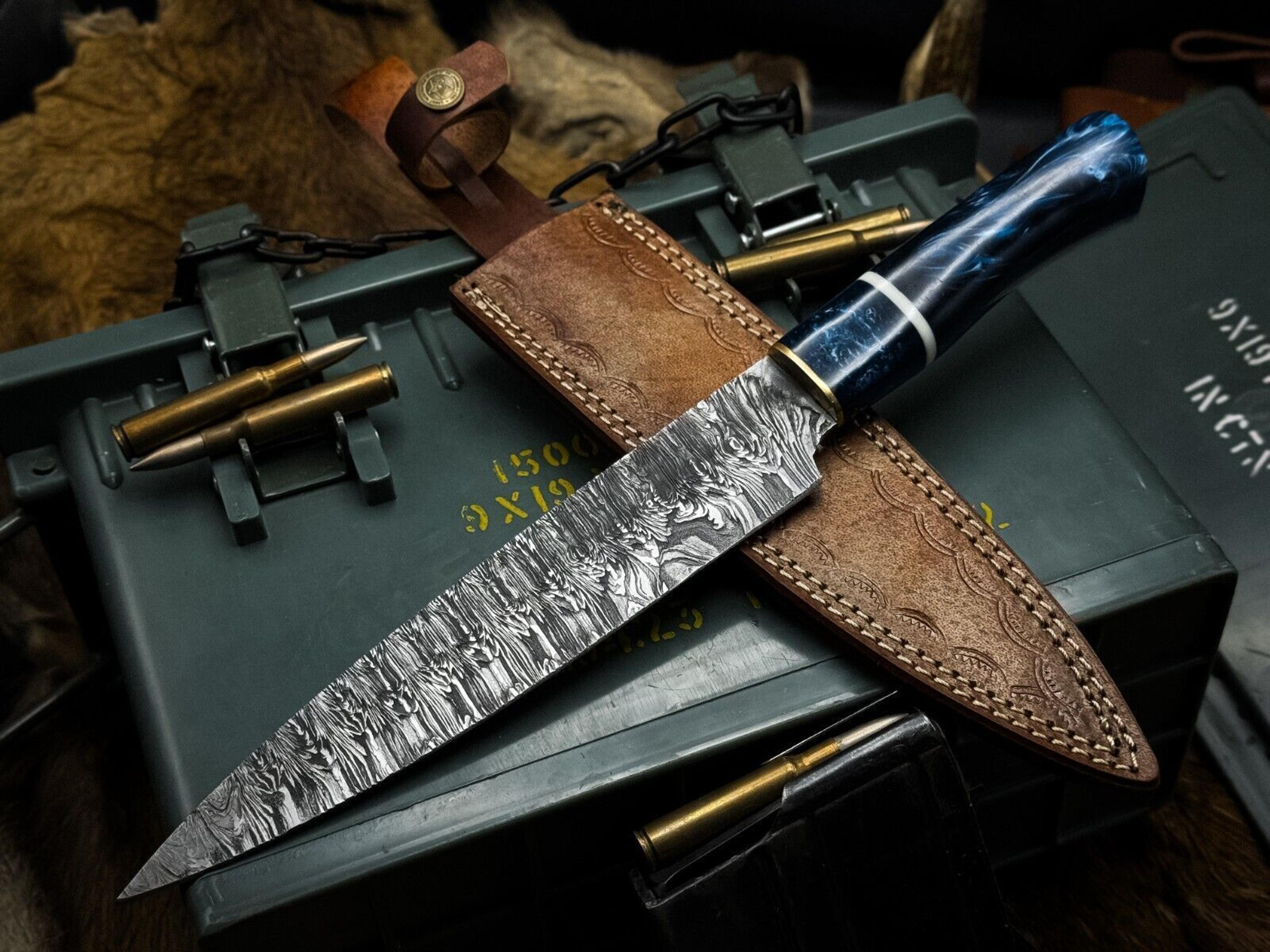 handmade damascus steel chef knife with resin handle & leather sheath