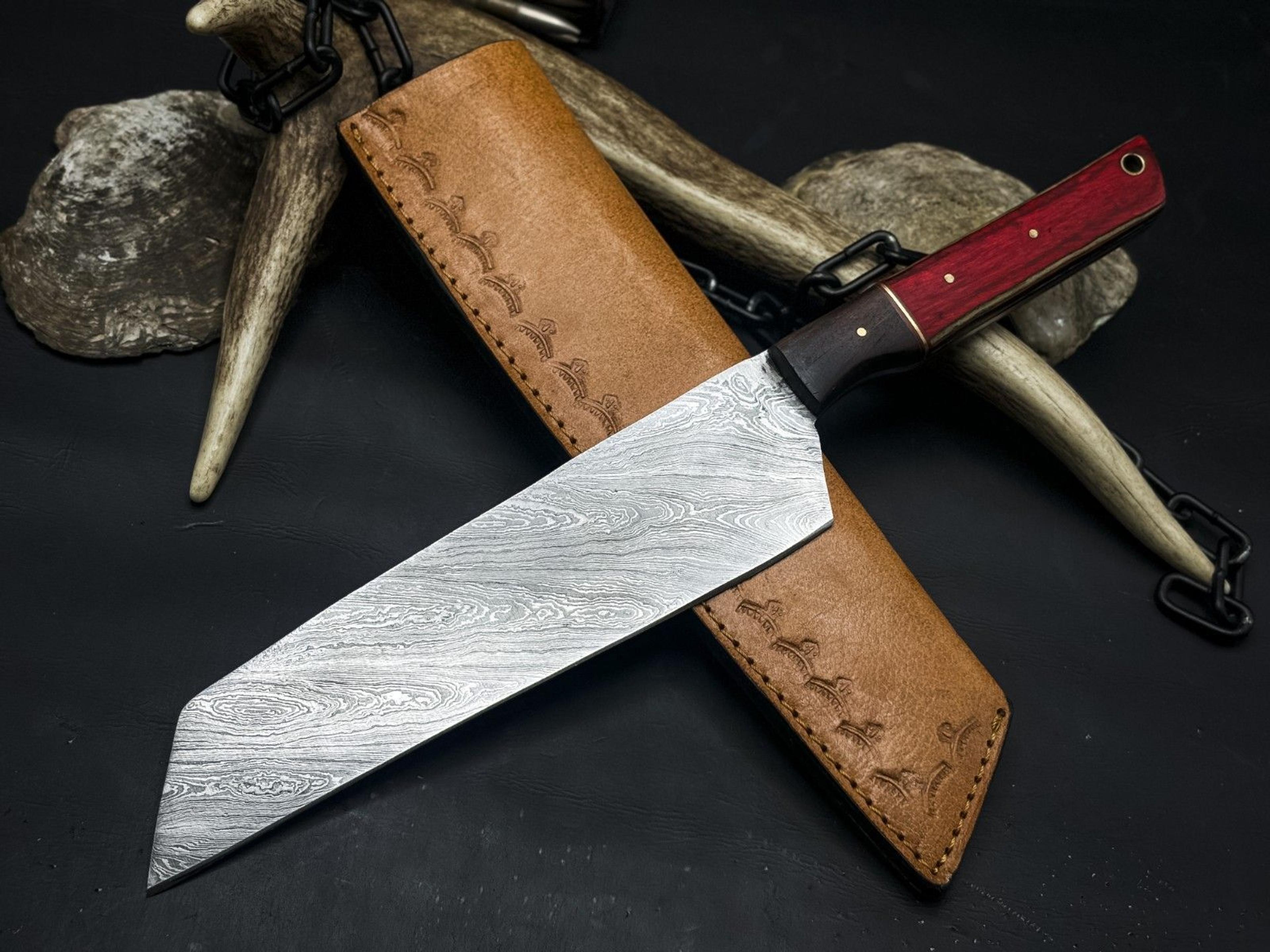 handmade damascus steel hunting & kitchen chef knife with wood handle and leather sheath