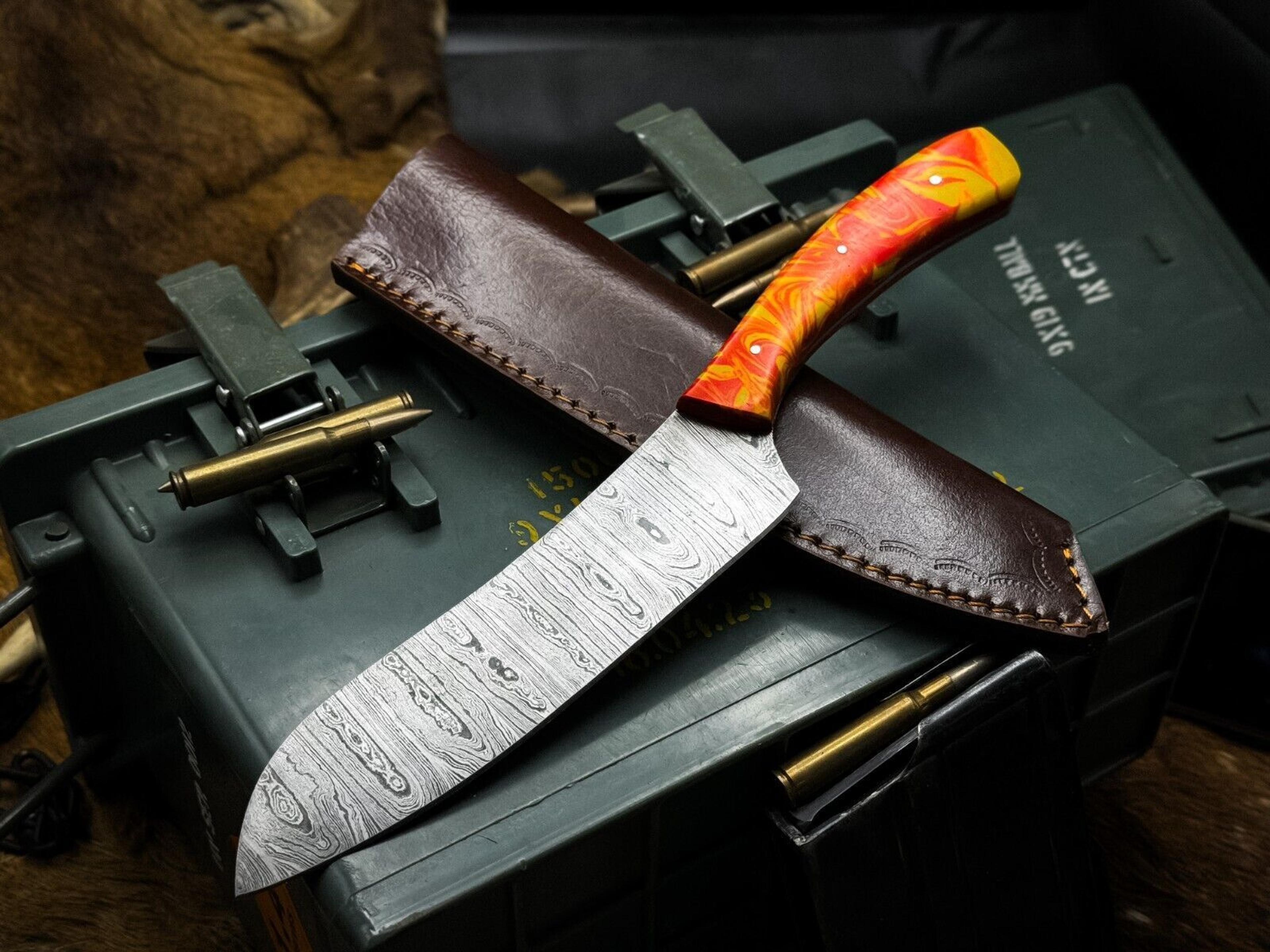 hand-forged damascus chef knife – resin handle with leather sheath