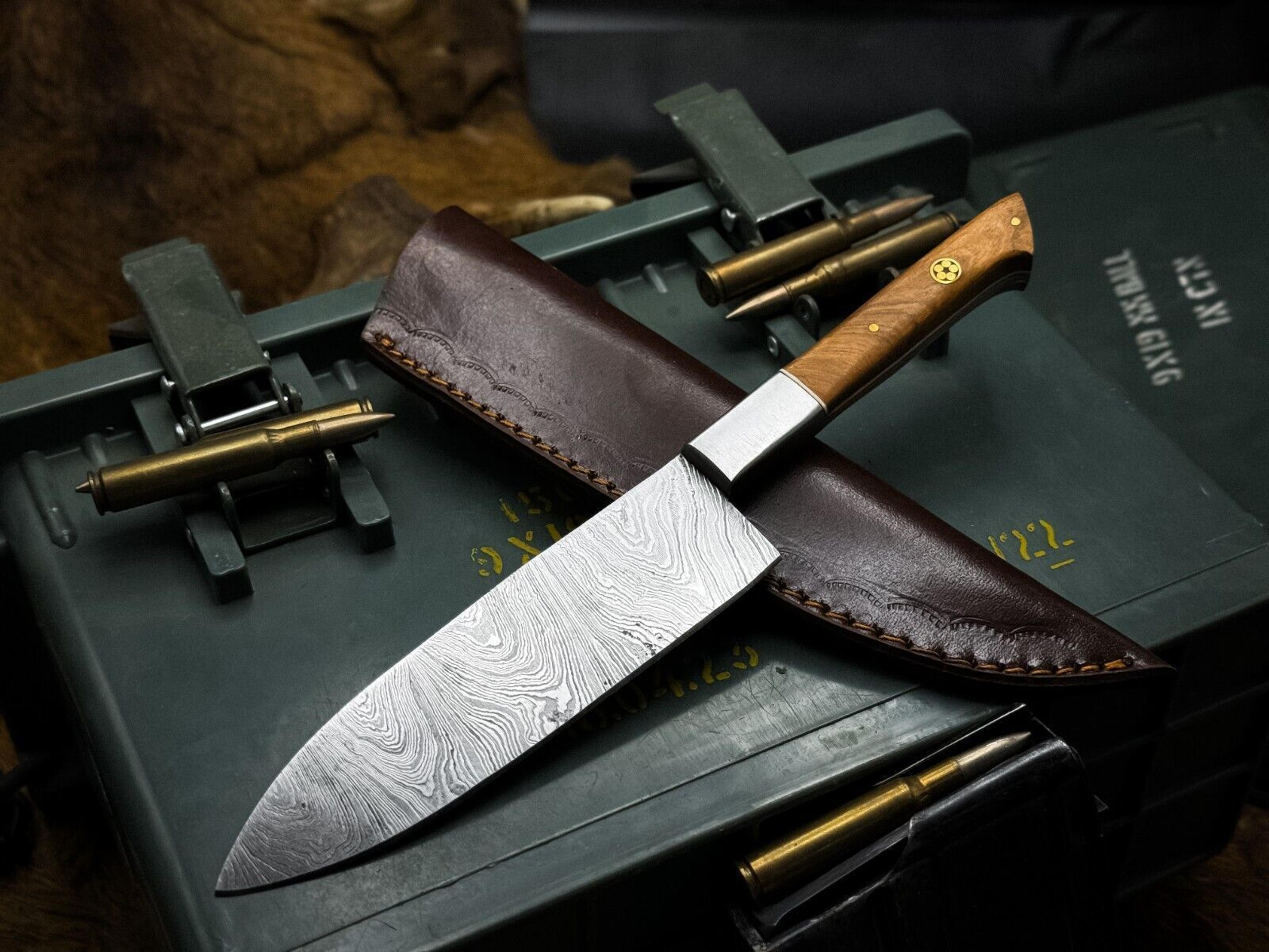 custom damascus steel knife – wood handle, full tang & leather sheath