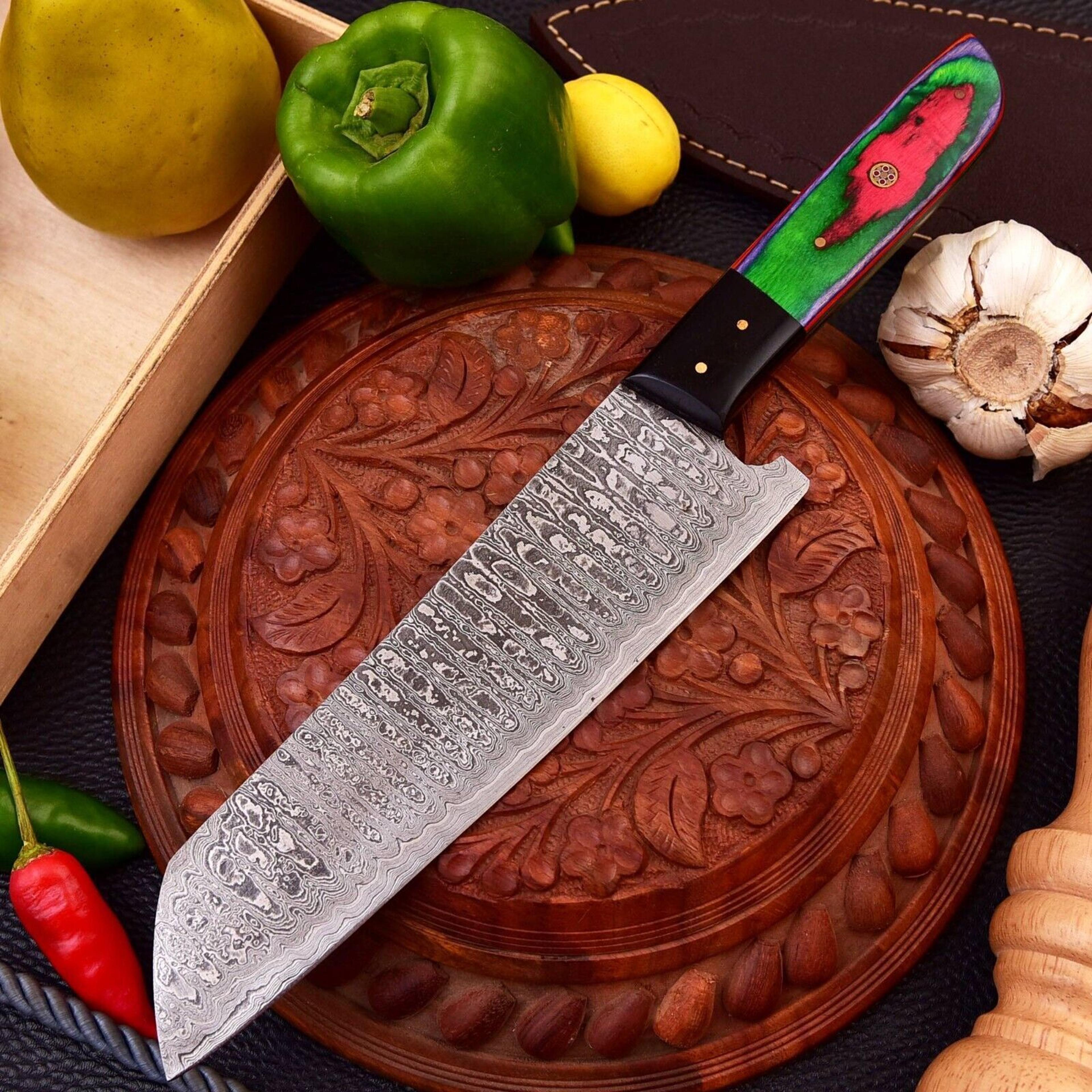 handcrafted damascus steel hunting knife – wooden handle & leather sheath