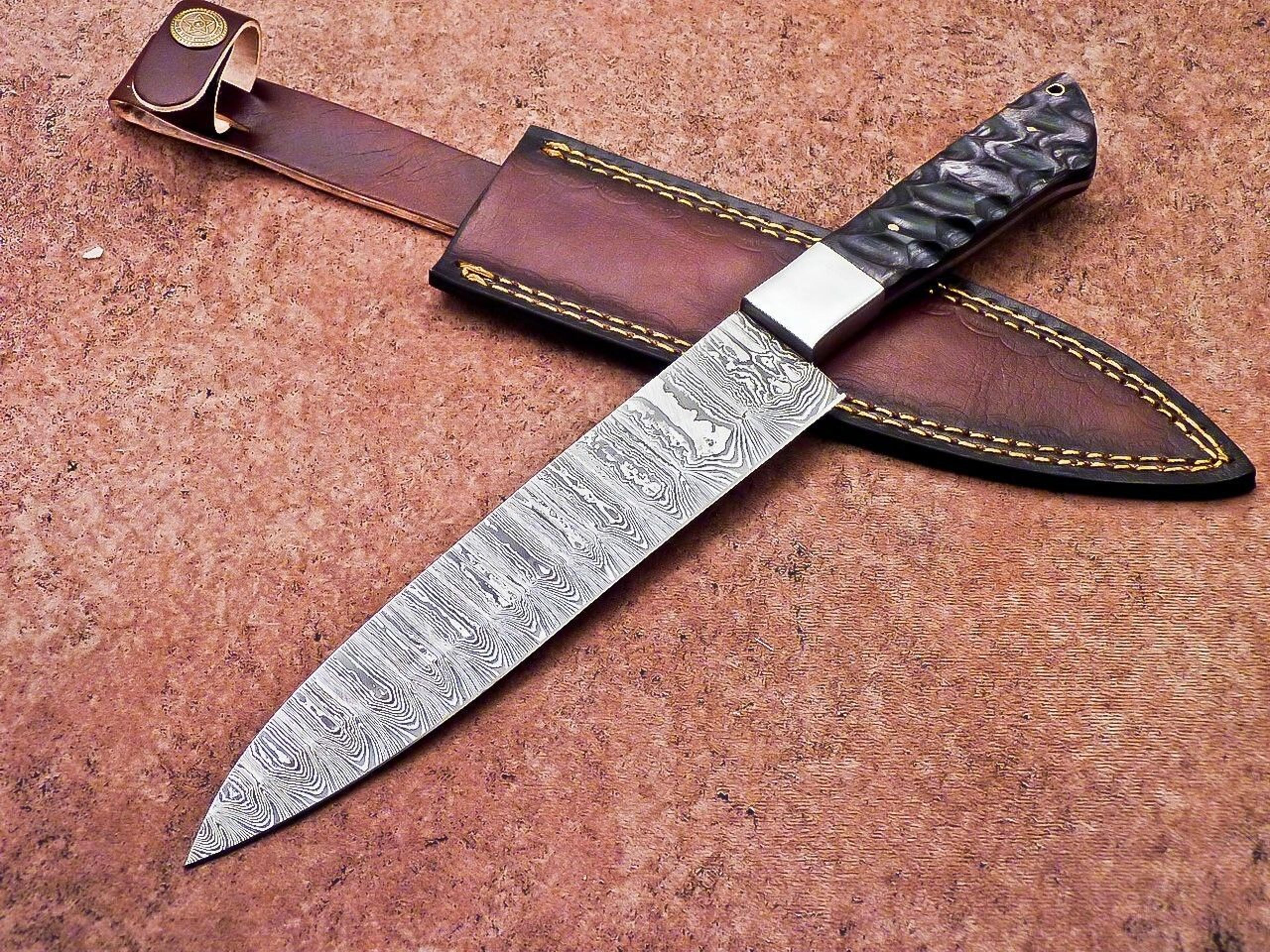 authentic damascus steel kitchen knife – handmade wood handle & sheath