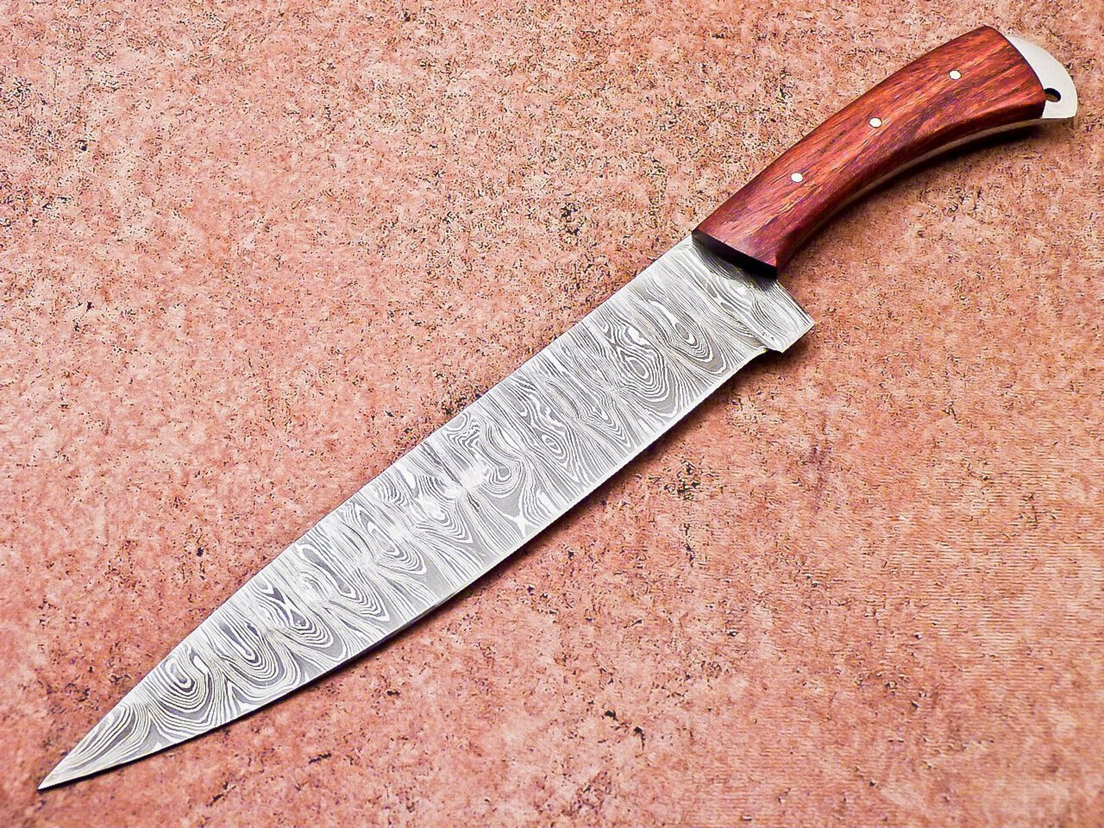 custom forged damascus steel chef knife – wood handle & leather case