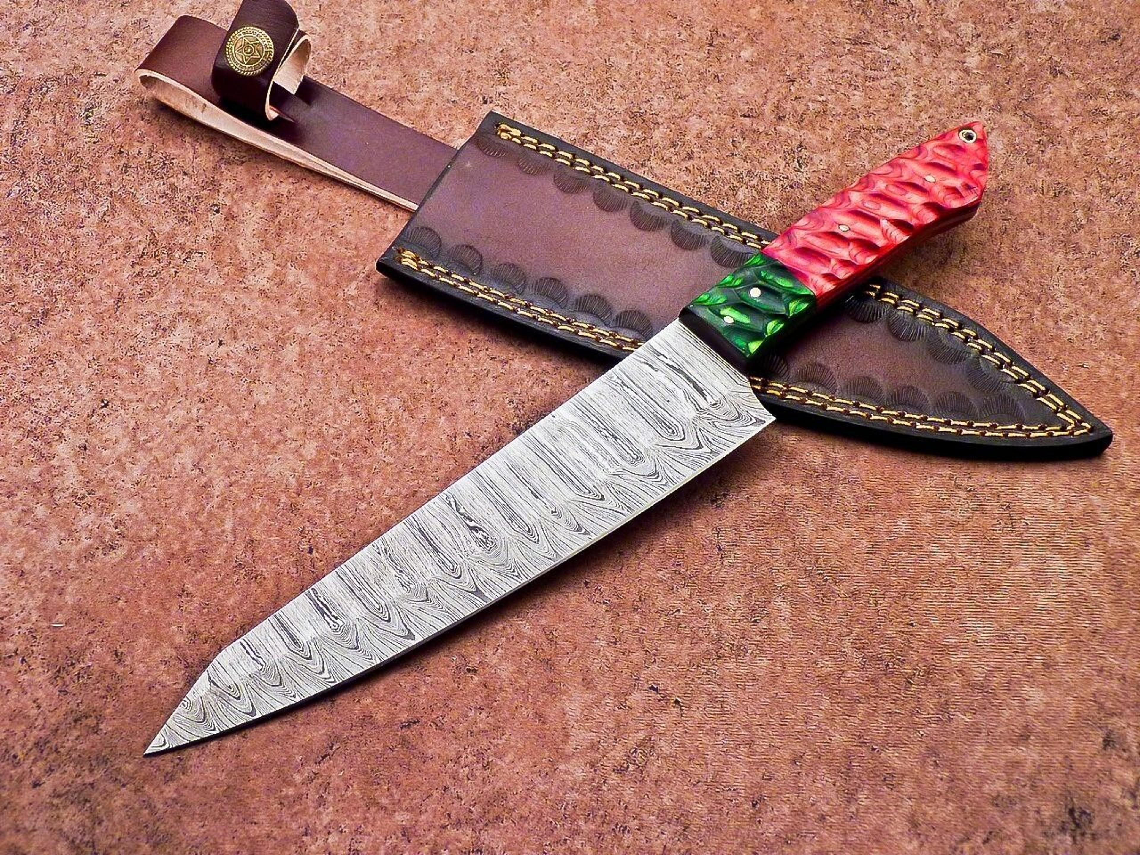 high carbon damascus steel chef knife – wood handle & leather case