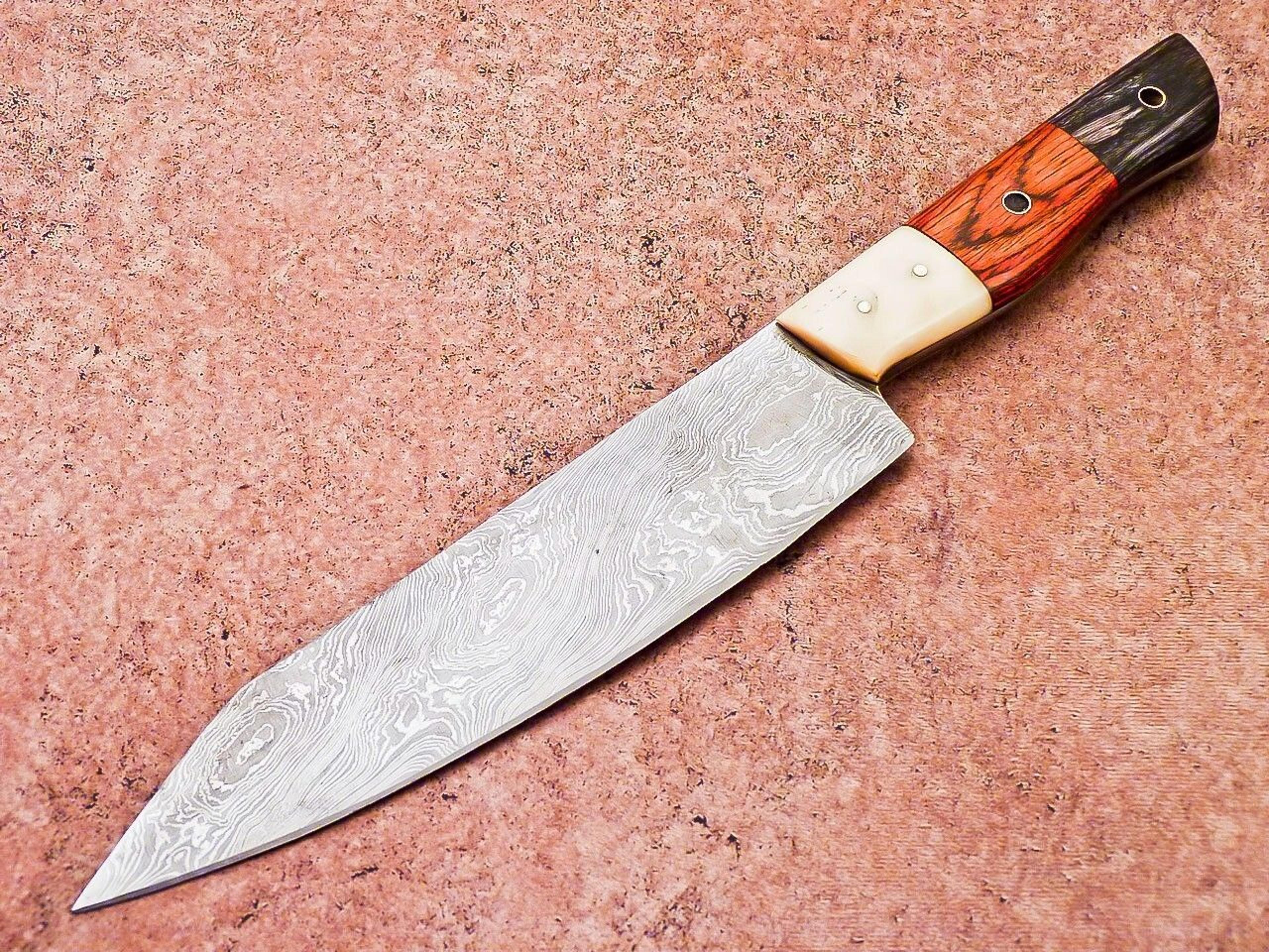 handmade damascus steel outdoor knife – wooden handle & leather sheath