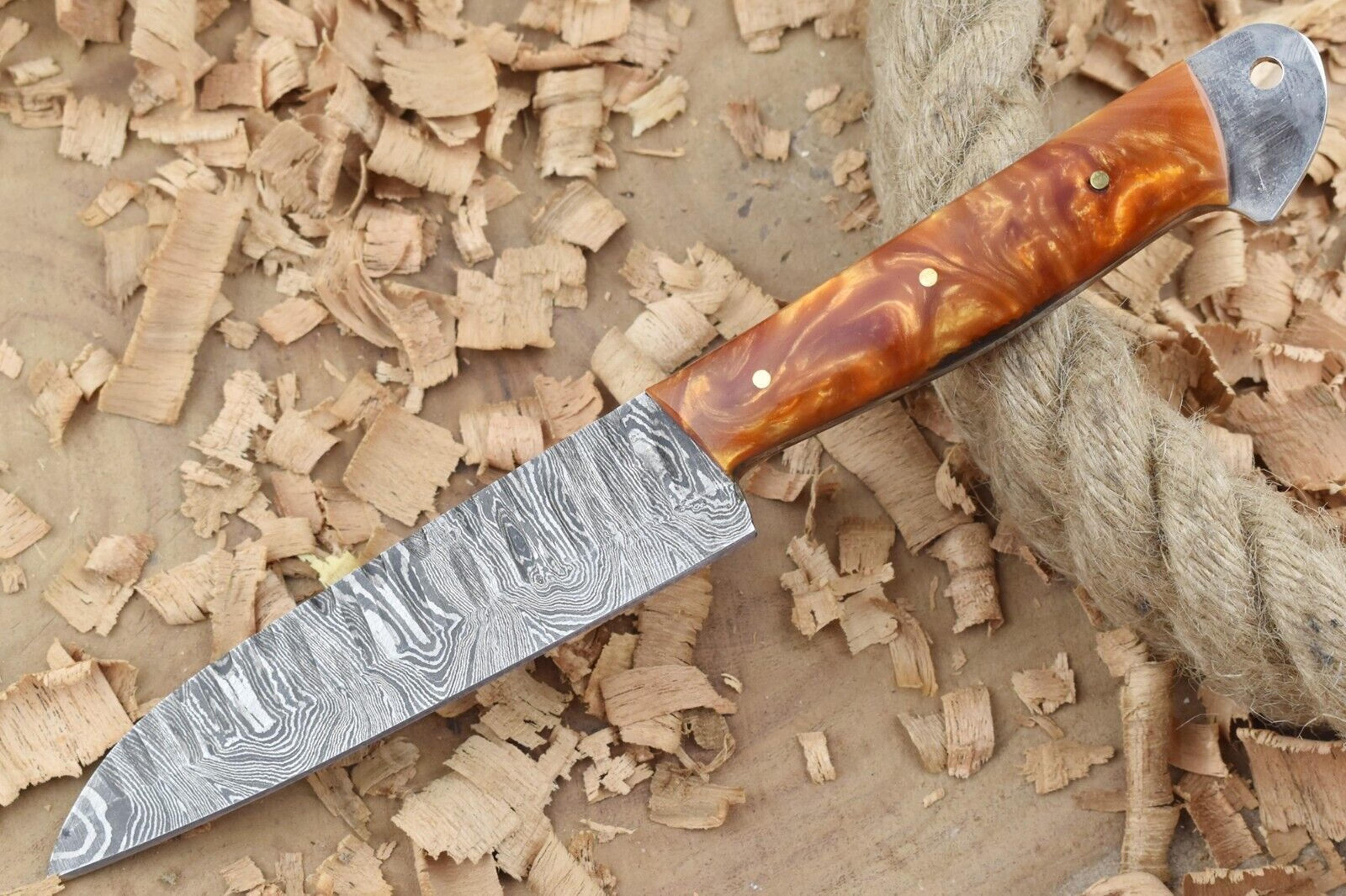 custom handmade damascus steel kitchen chef knife with orange resin thappa handle
