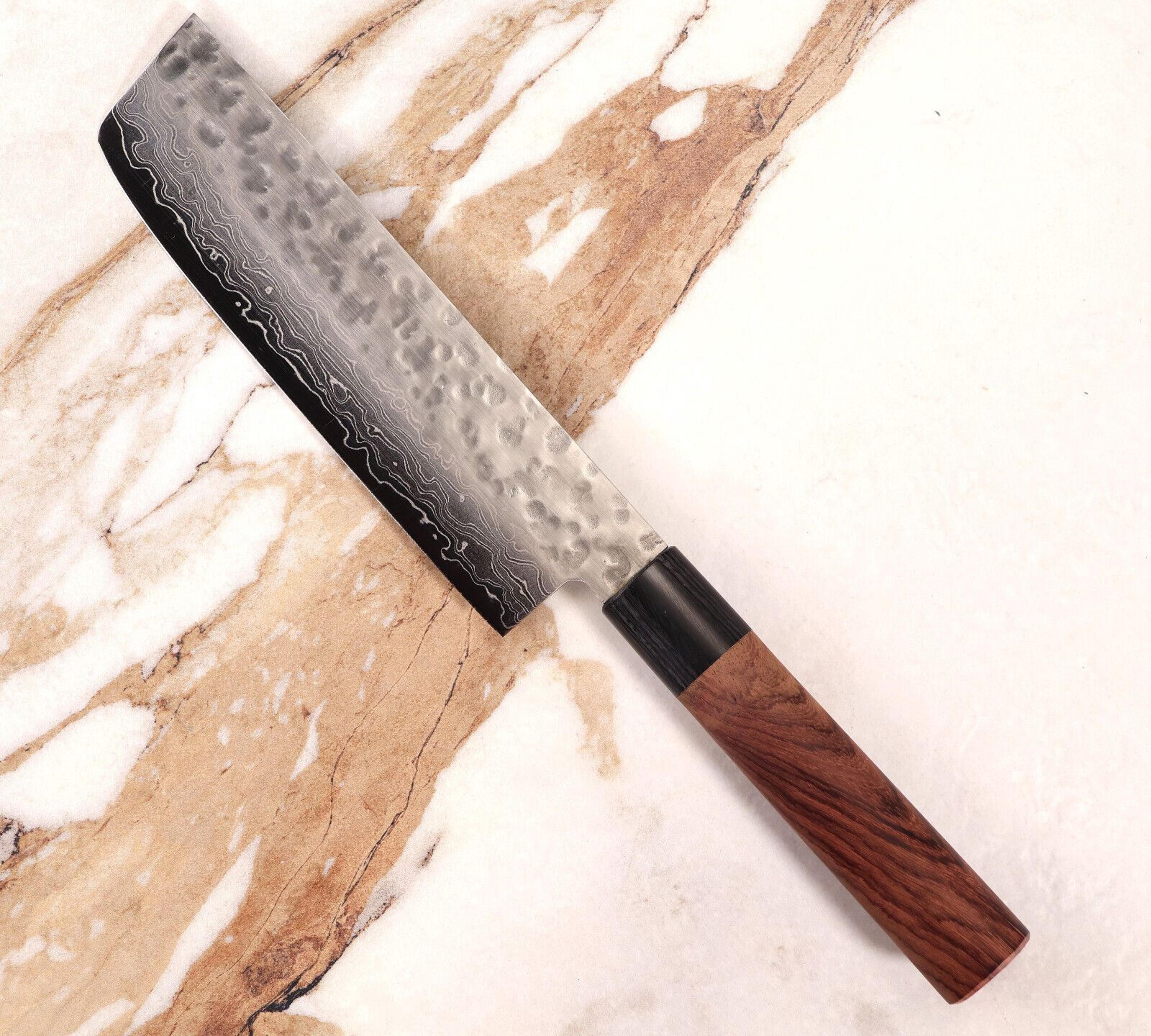 exquisite damascus steel kitchen knife – wood handle & leather sheath