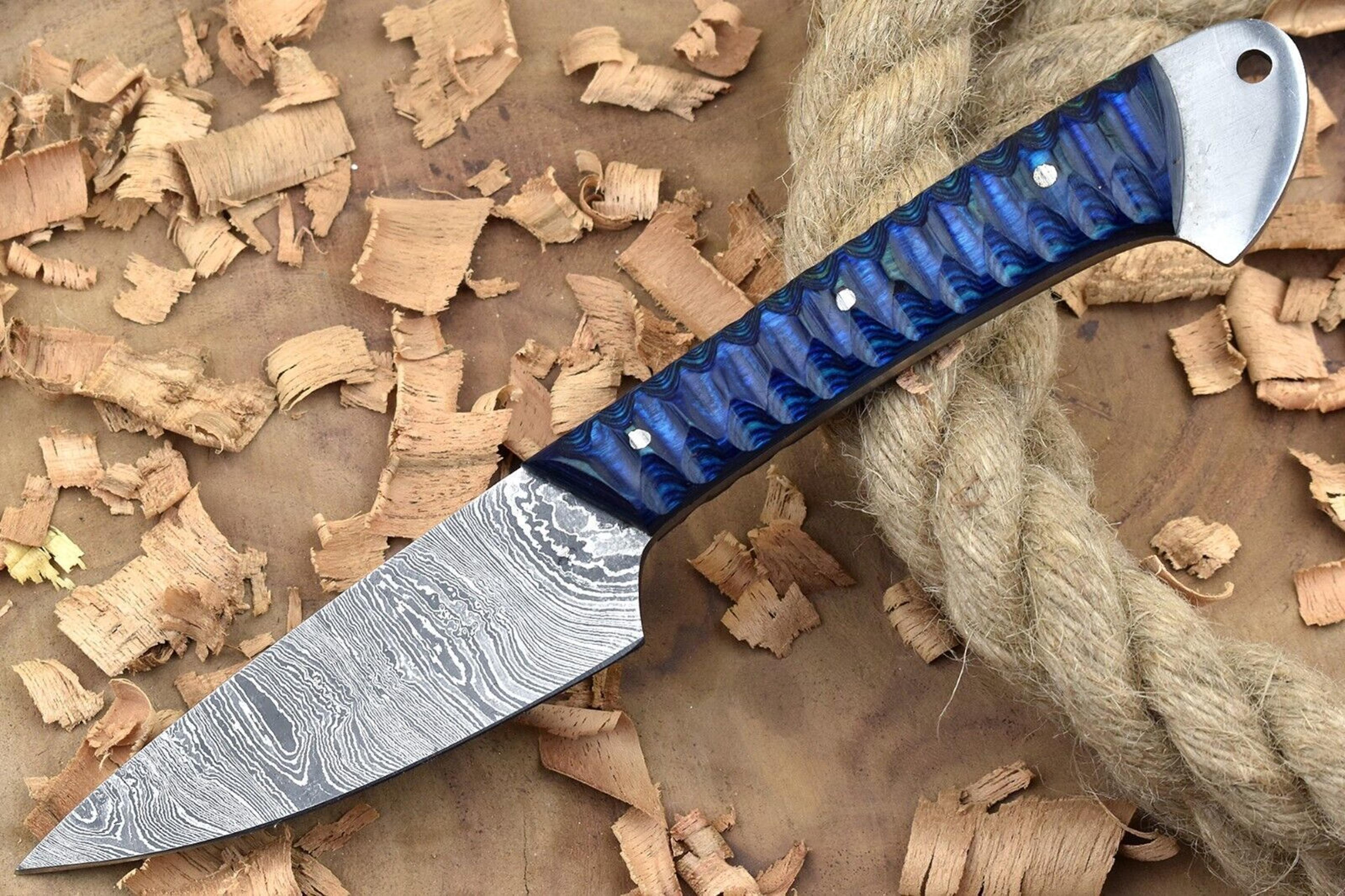 handmade damascus steel kitchen chef knife with blue & black resin thappa handle