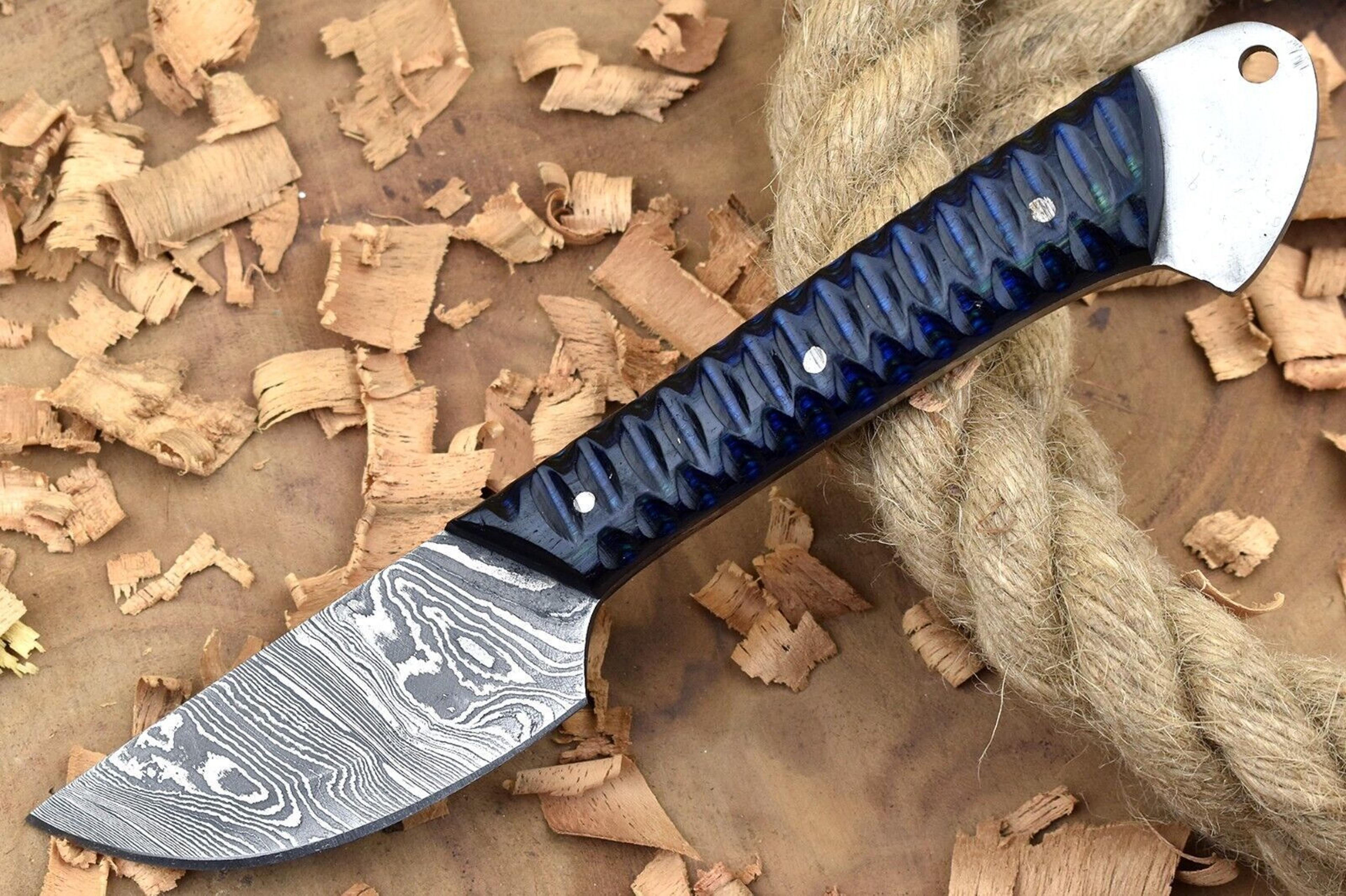 custom handmade damascus steel kitchen chef knife with blue & black resin thappa handle