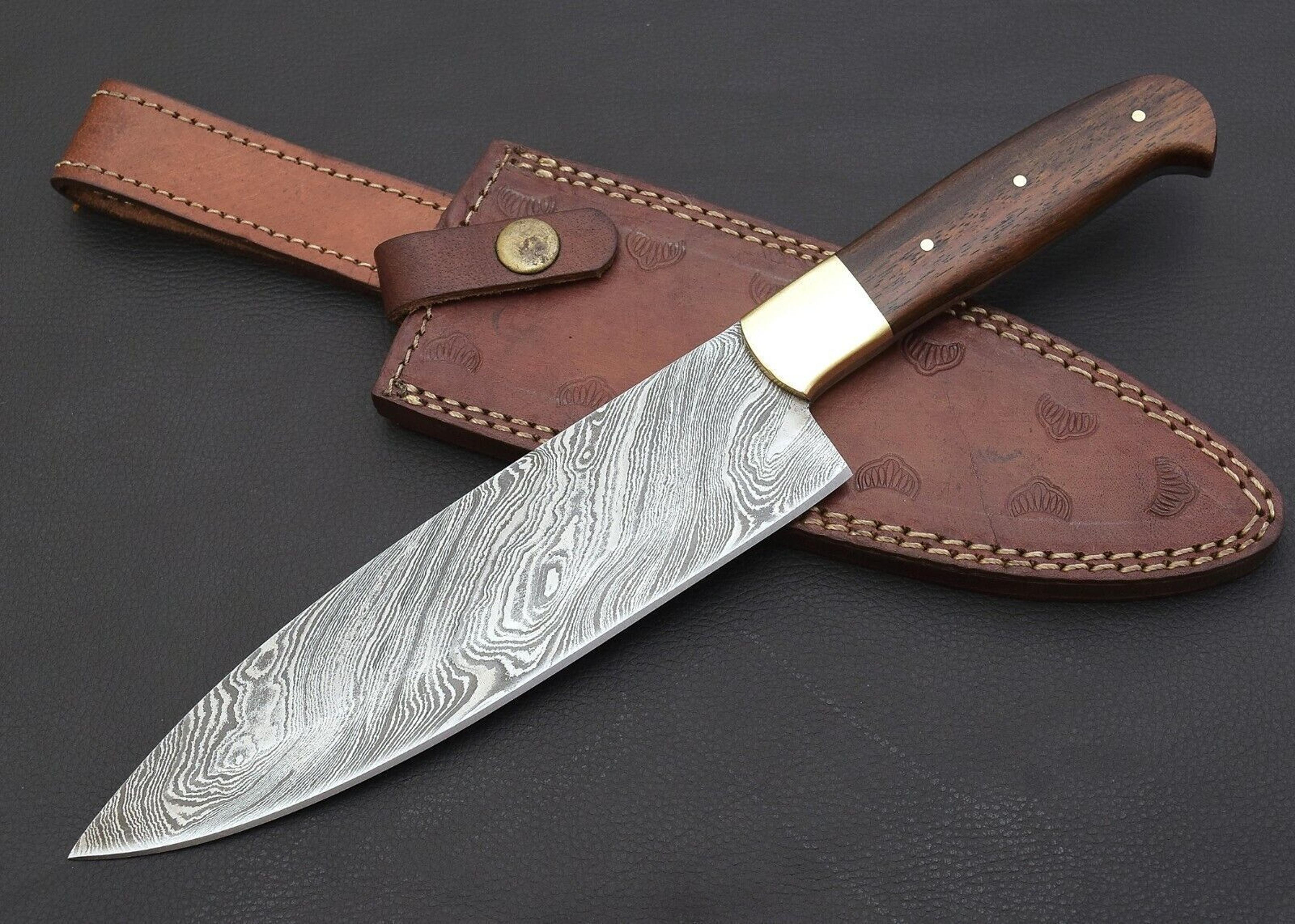 damascus steel kitchen knife with premium polished wooden handle