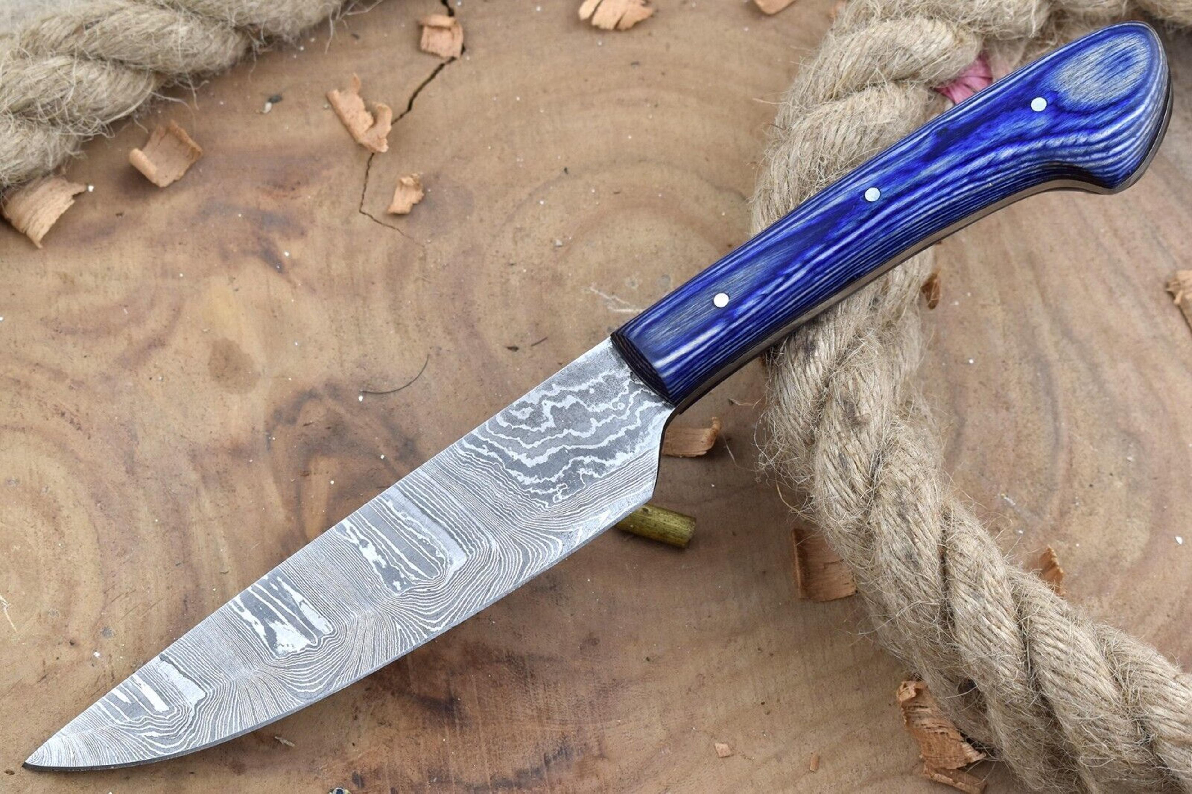 custom handmade damascus steel kitchen chef knife with blue resin thappa handle