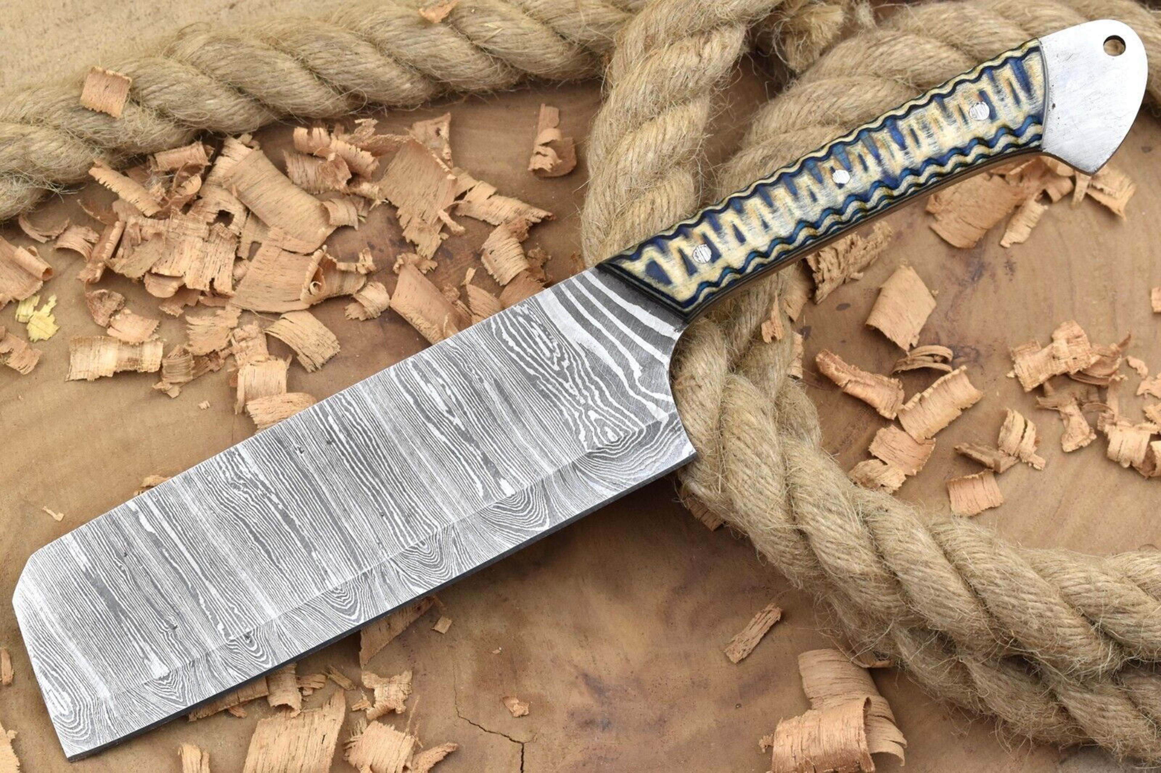 handmade damascus steel kitchen chef knife with white & blue resin handle