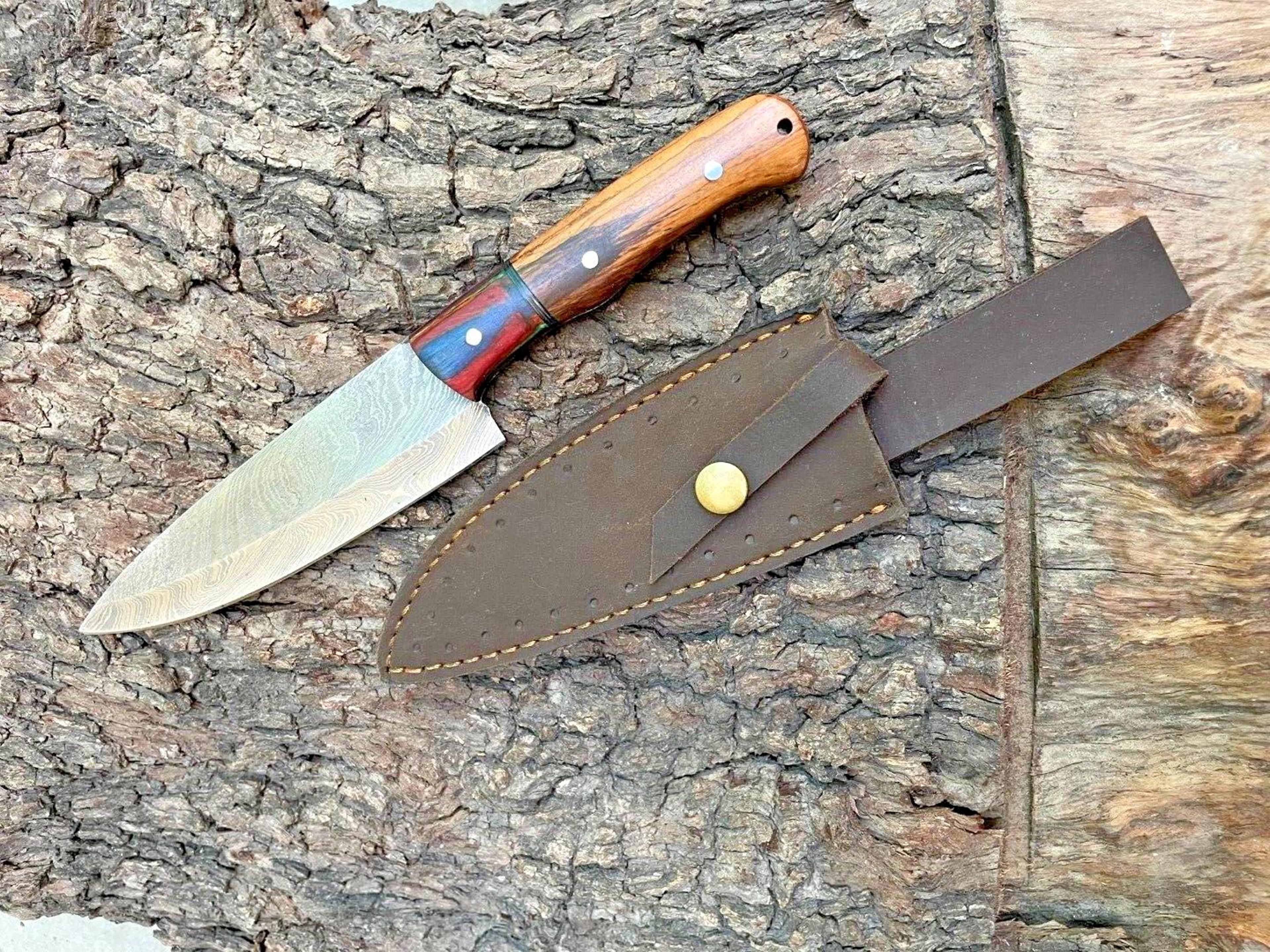 hand-forged damascus kitchen knife with wooden handle & sheath