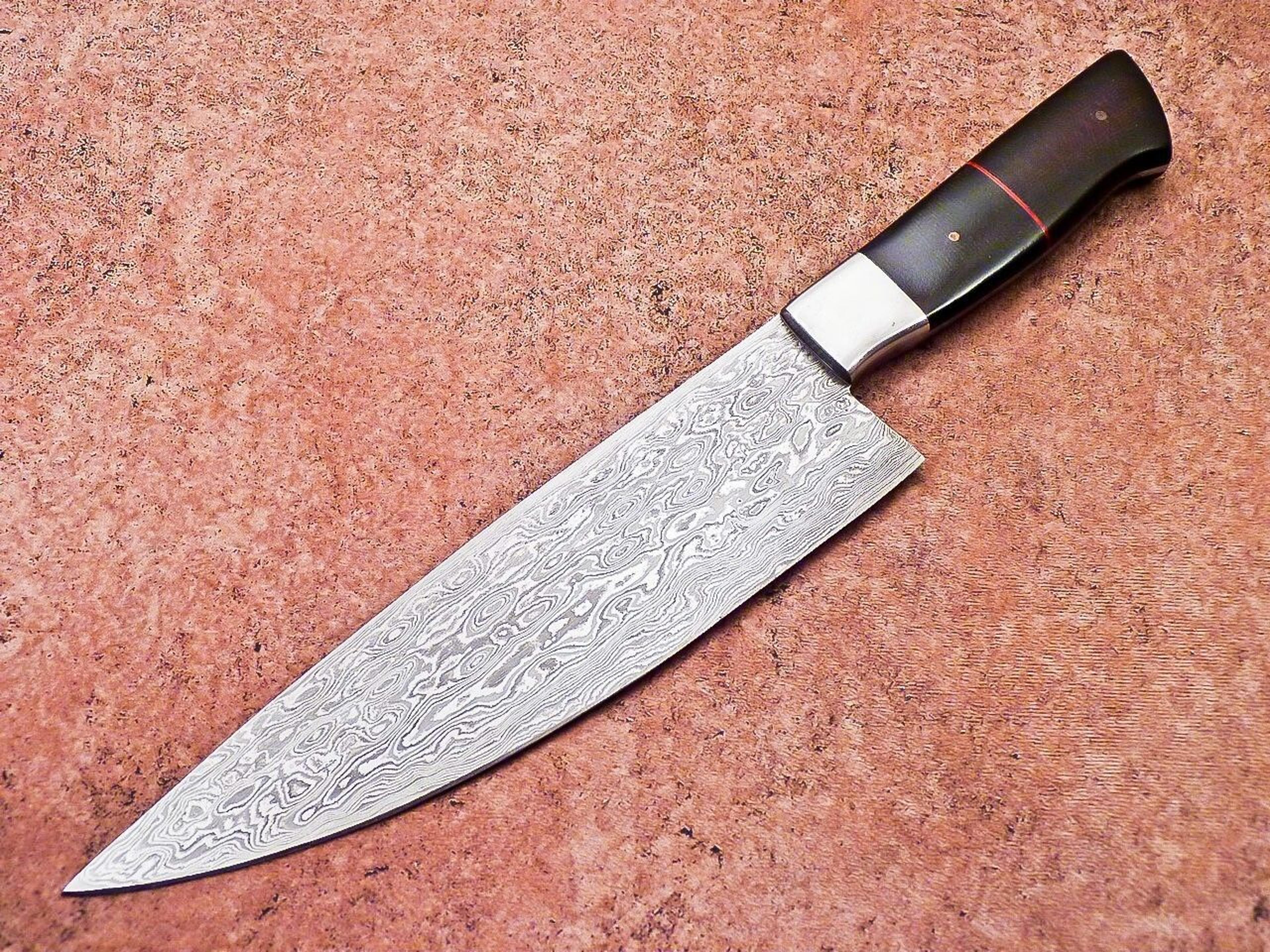 custom forged damascus kitchen knife | resin handle & leather sheath