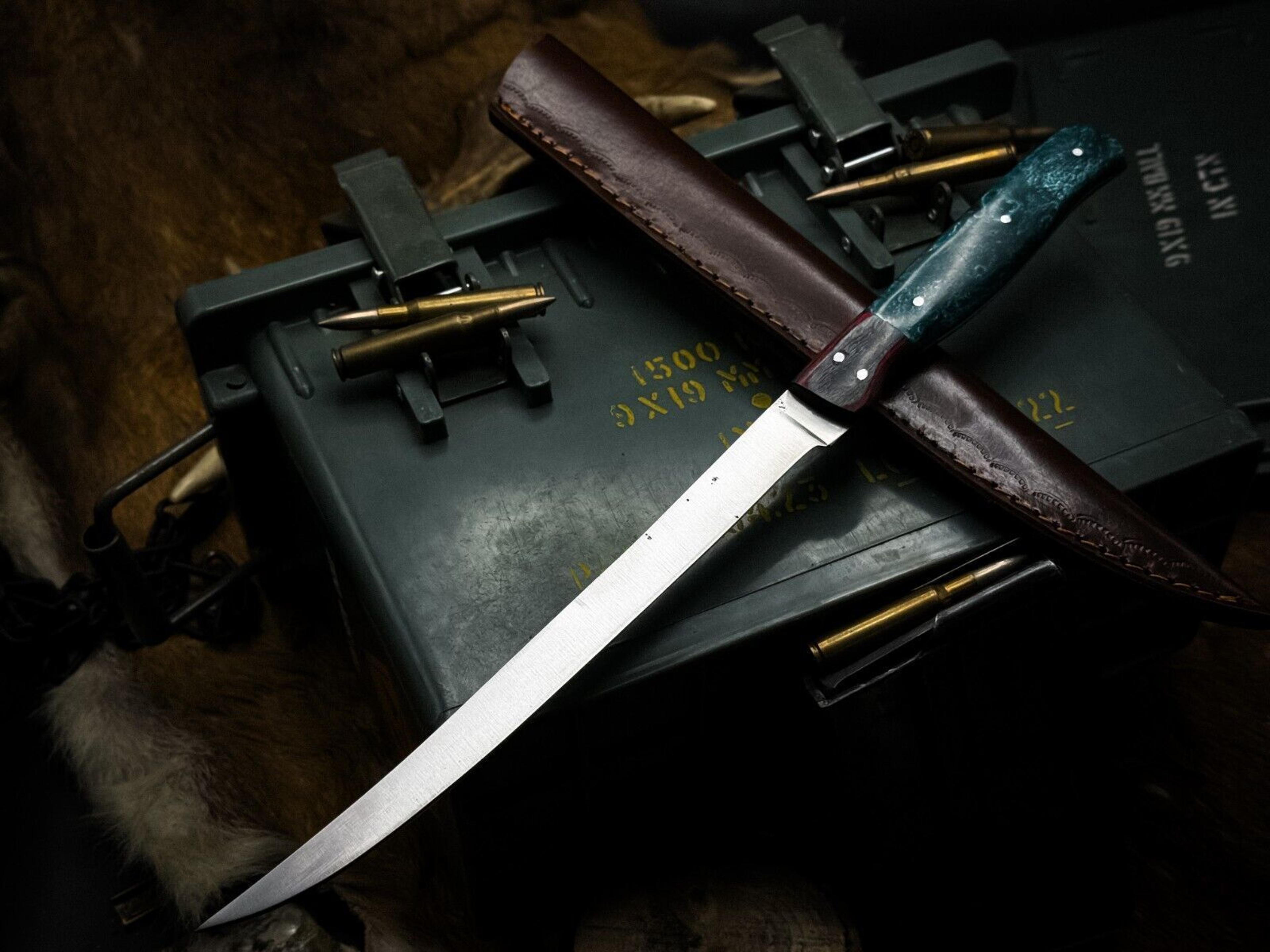 handmade j2 steel kitchen chef fillet knife with acrylic handle and cow leather sheath