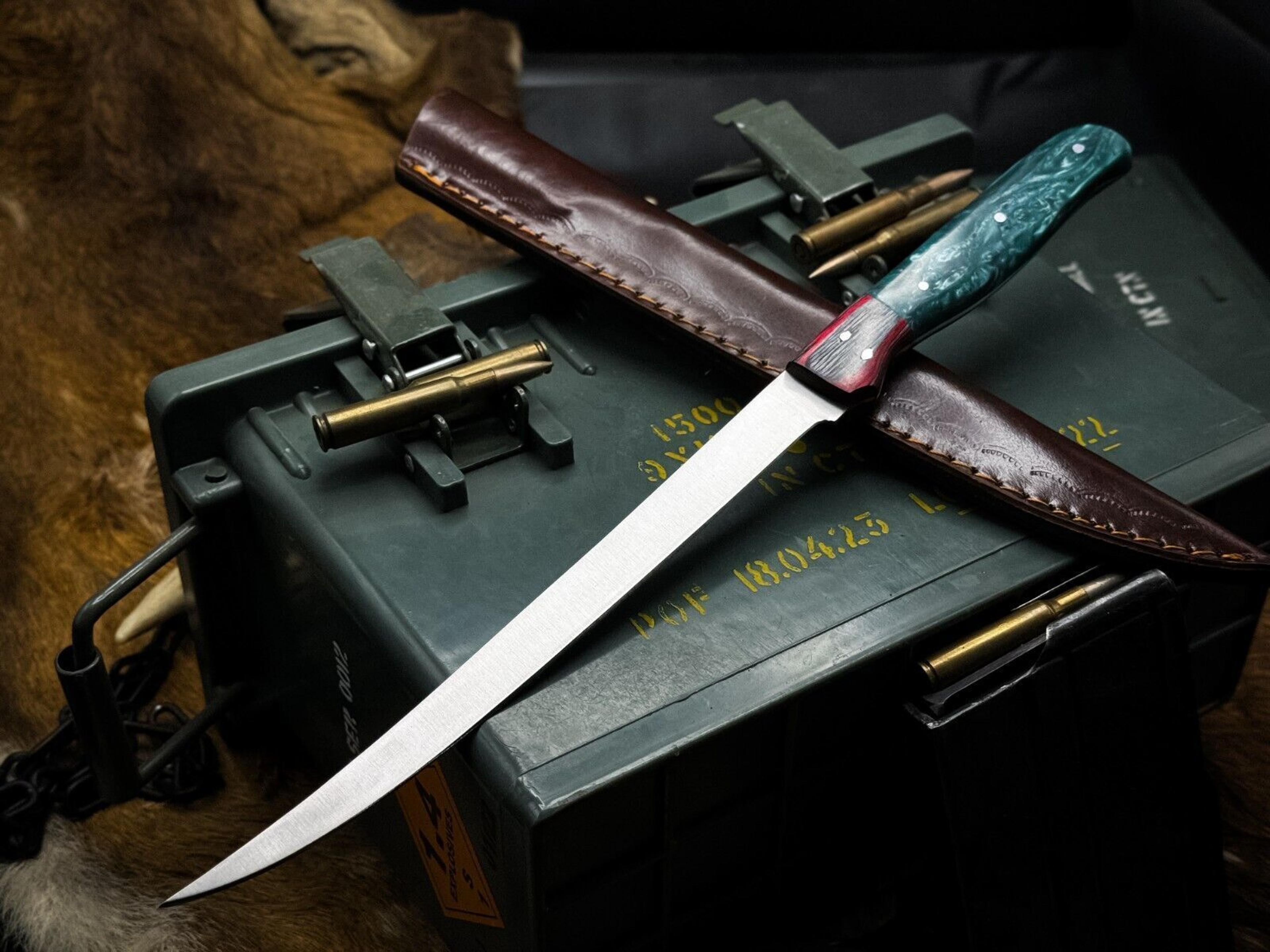 handmade j2 steel chef fillet knife with acrylic handle & leather sheath