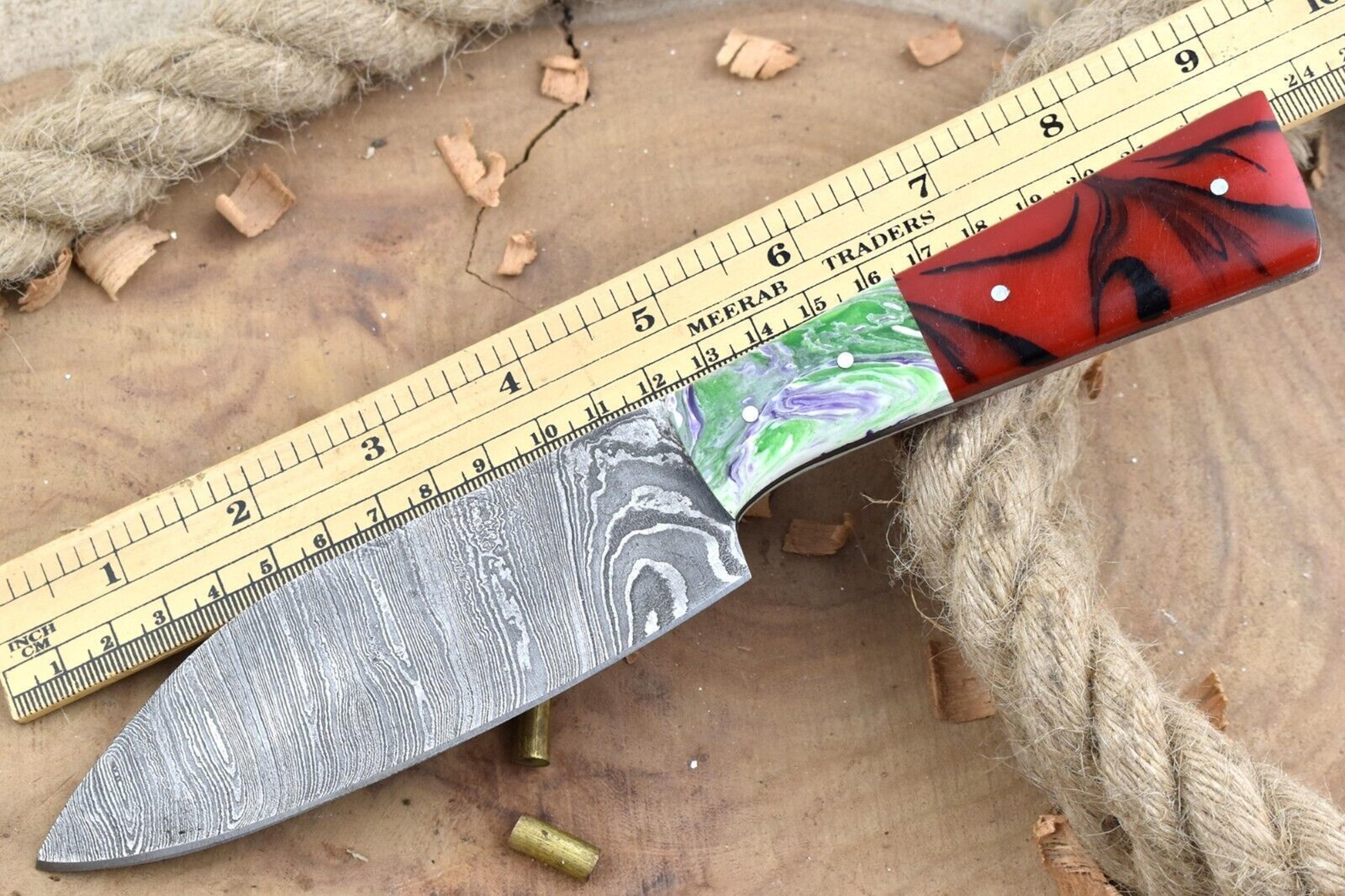 handcrafted damascus blade knife | vibrant resin handle & sheath