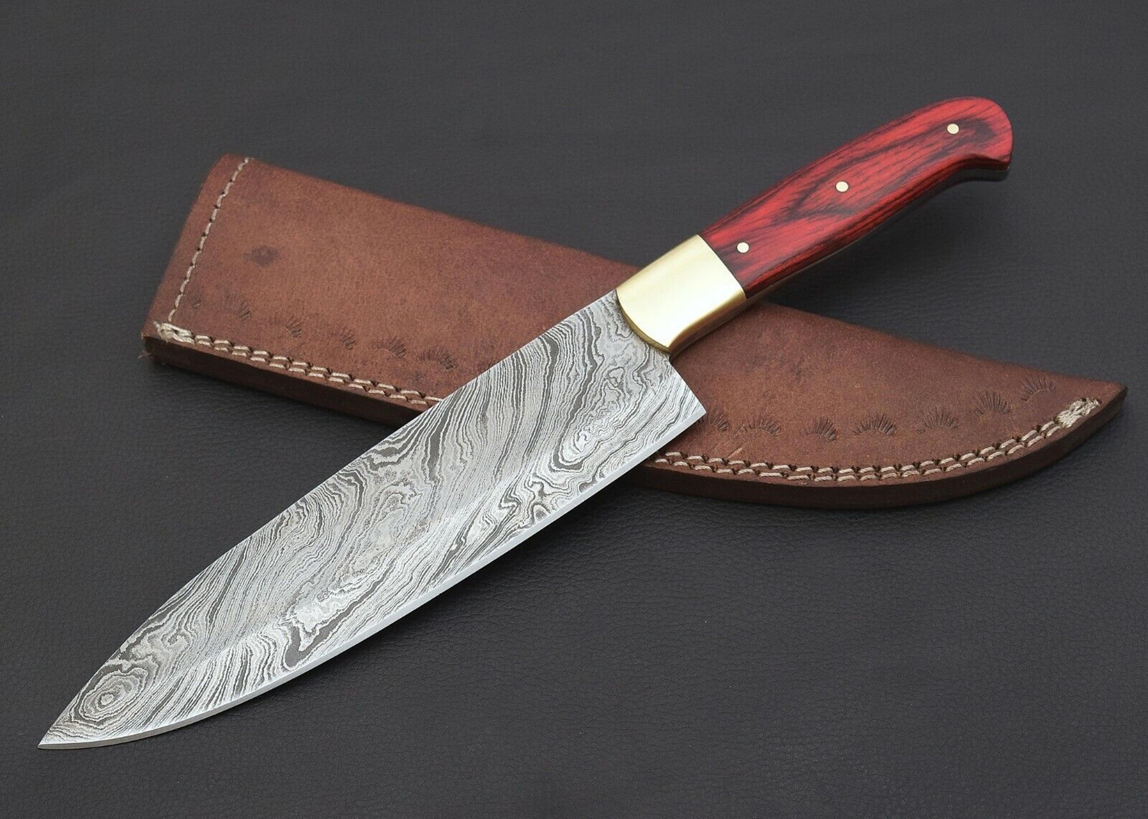 12" custom handmade damascus steel chef hunting knife with colored wood handle & leather sheath