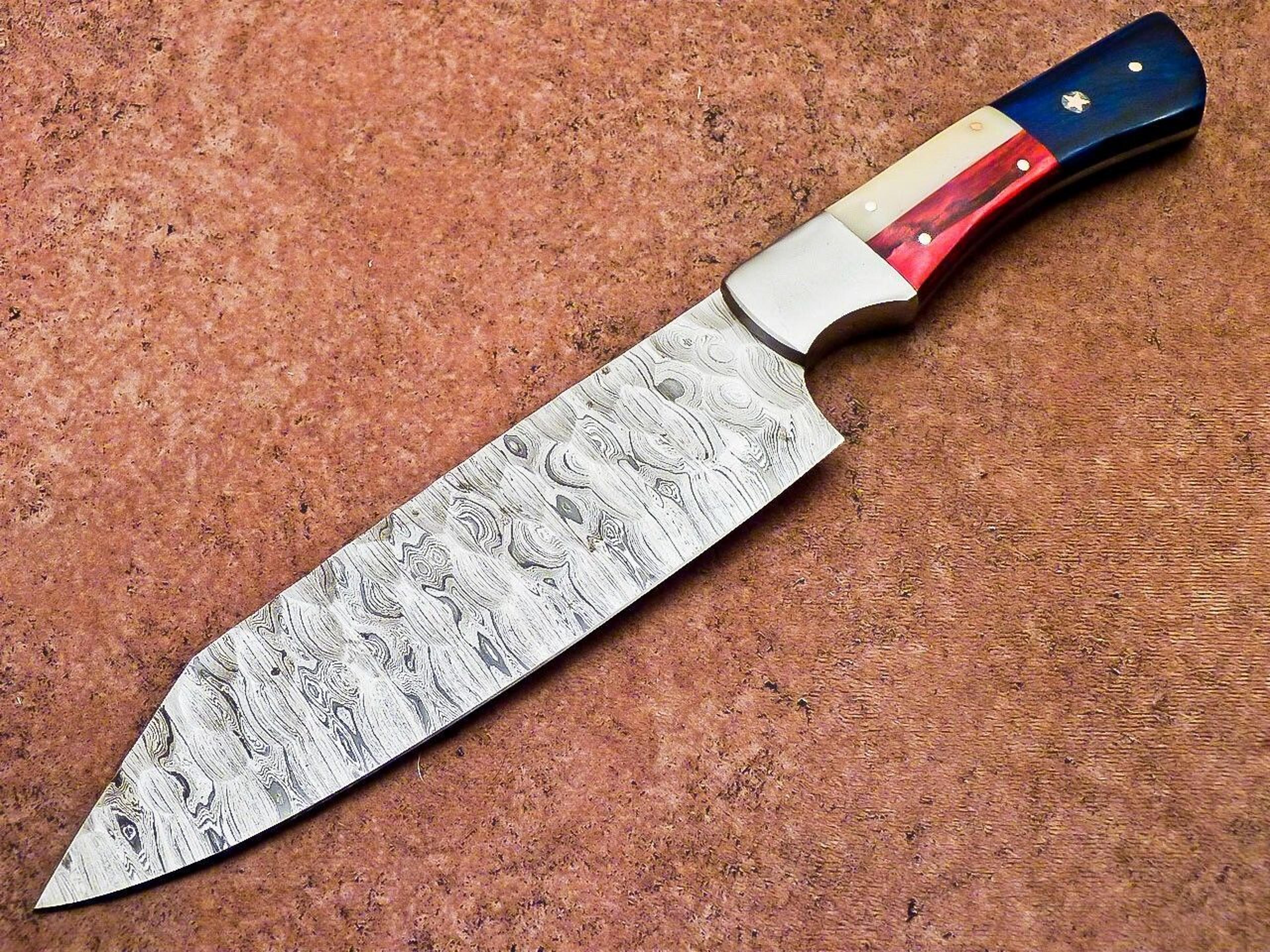 custom damascus steel cooking knife | brass bolster & wood handle