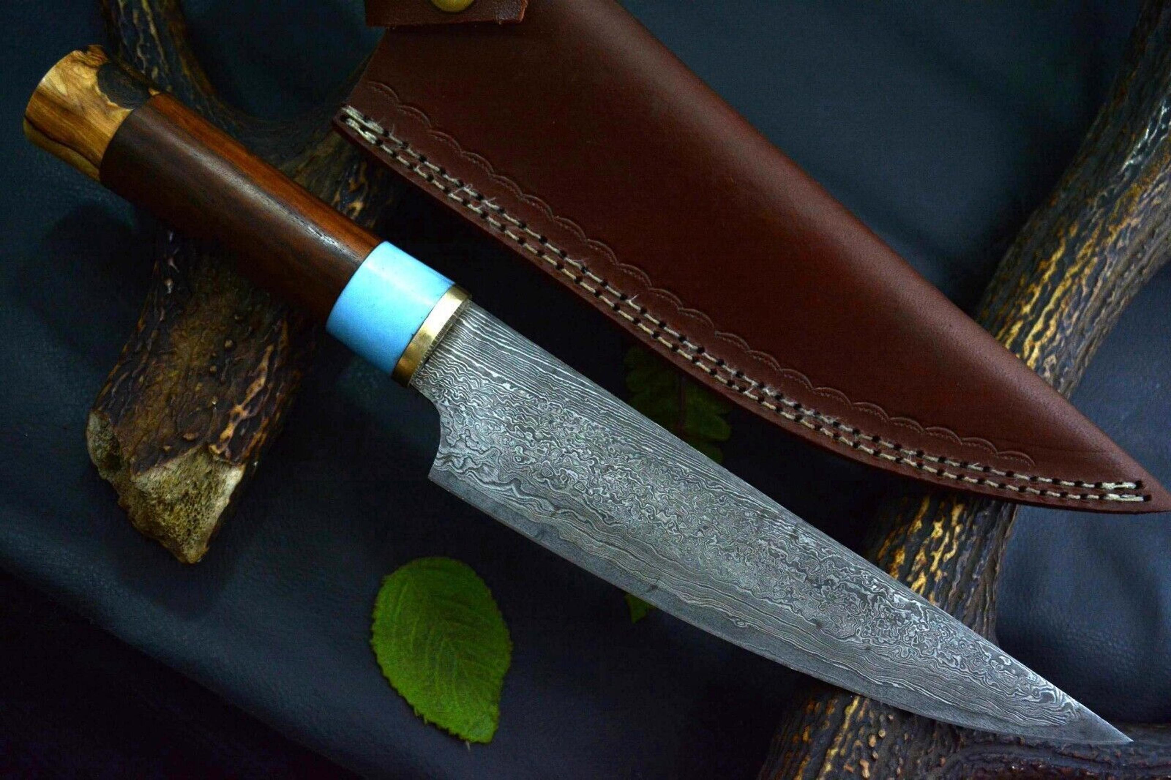 custom handmade damascus steel chef knife – 13" kitchen knife with walnut & olive wood handle