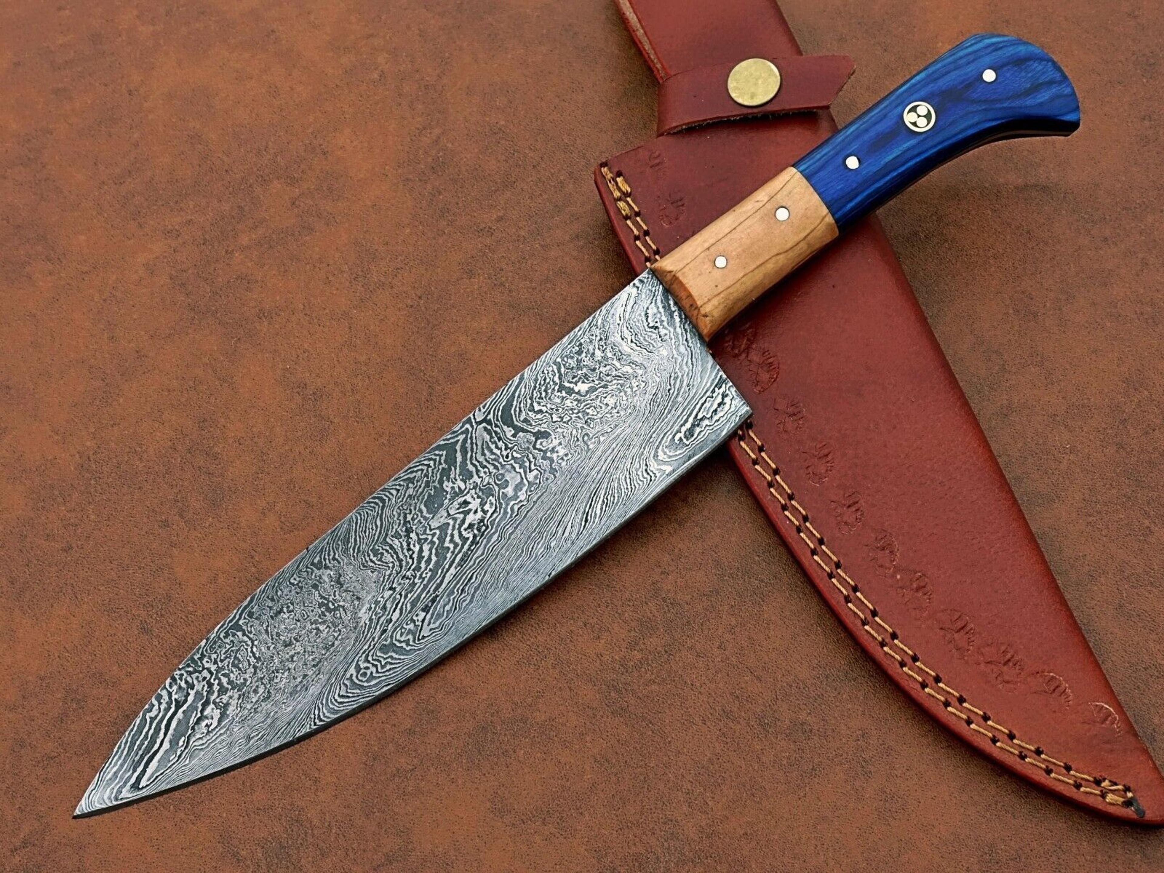 custom forged damascus chef knife – 12" kitchen knife with leather sheath