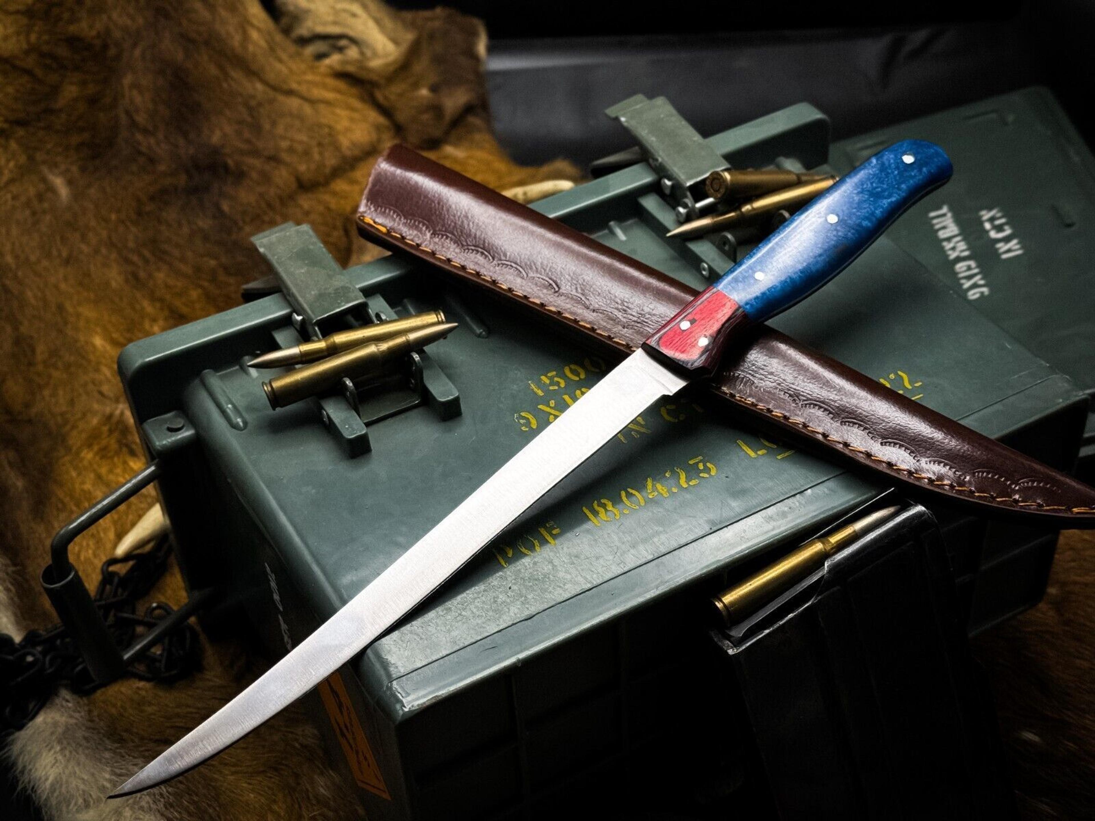 custom j2 steel chef fillet knife – kitchen knife with ram horn handle & cow leather sheath