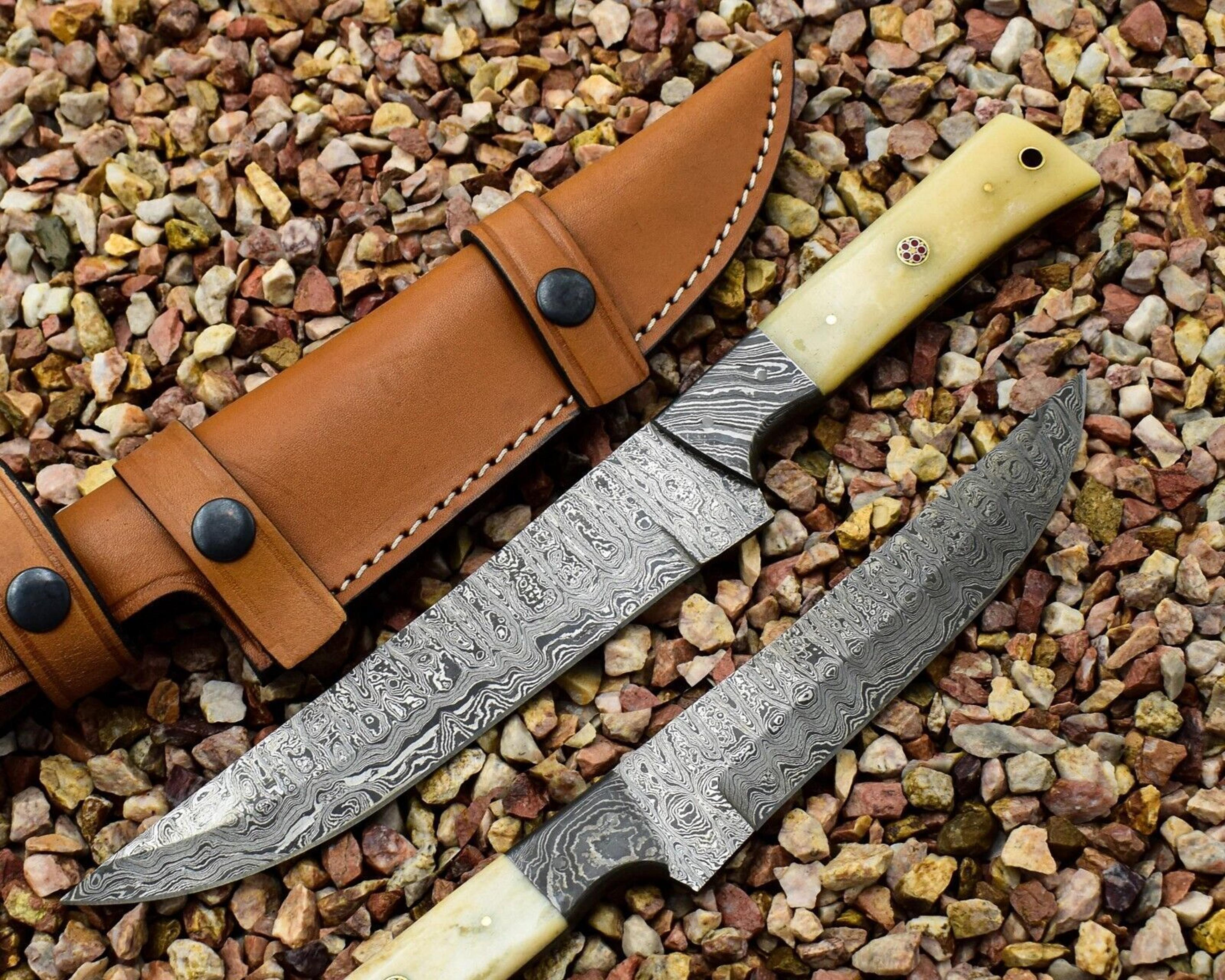 premium handmade damascus steel hunting knife – 12" full tang knife with burnt camel bone handle & sheath