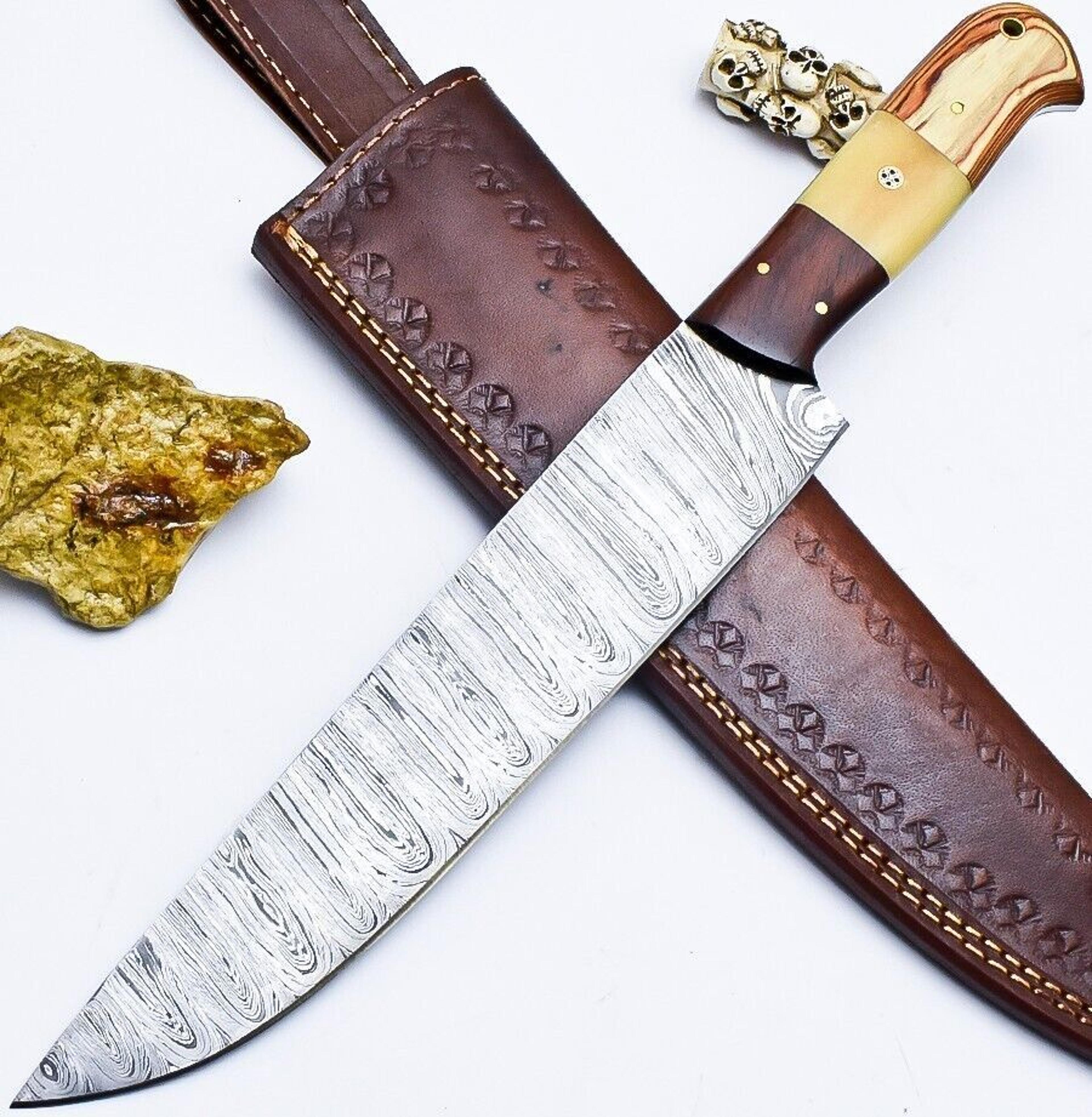 custom handmade damascus steel kitchen chef knife with wooden handle & leather sheath