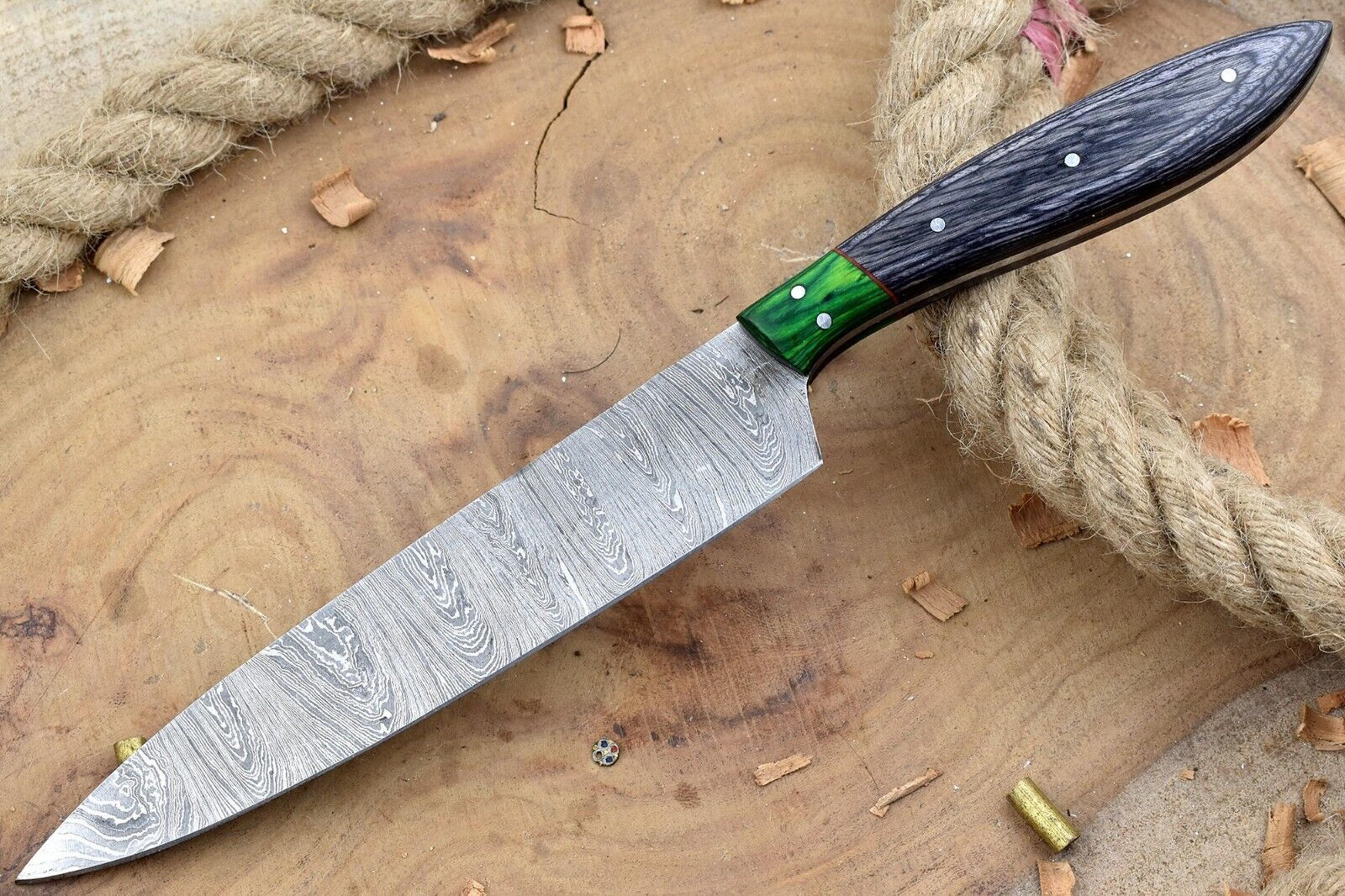 handmade damascus kitchen knife – chef knife with wood handle & sheath