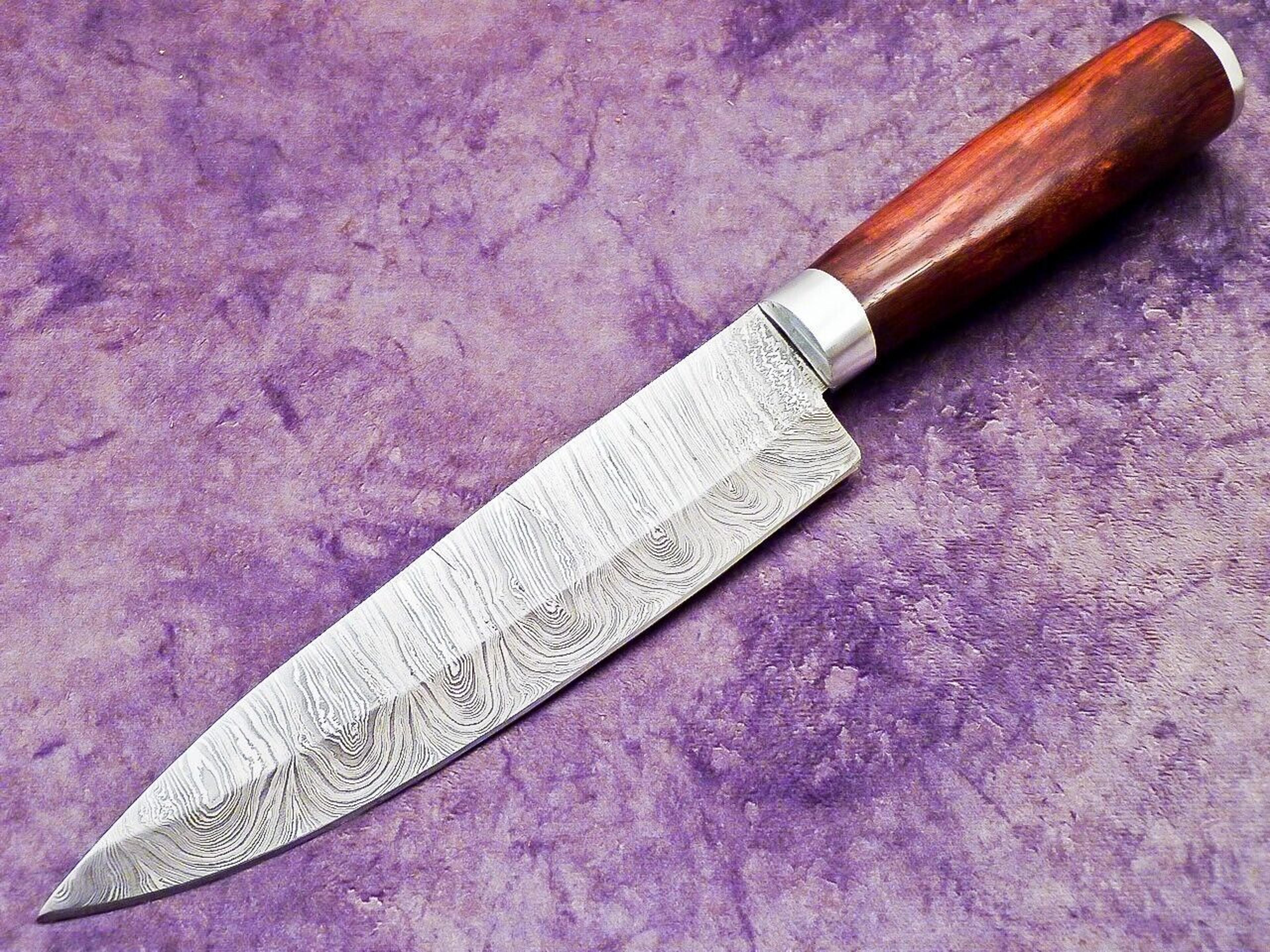 hand forged damascus steel chef knife with wooden handle & leather sheath