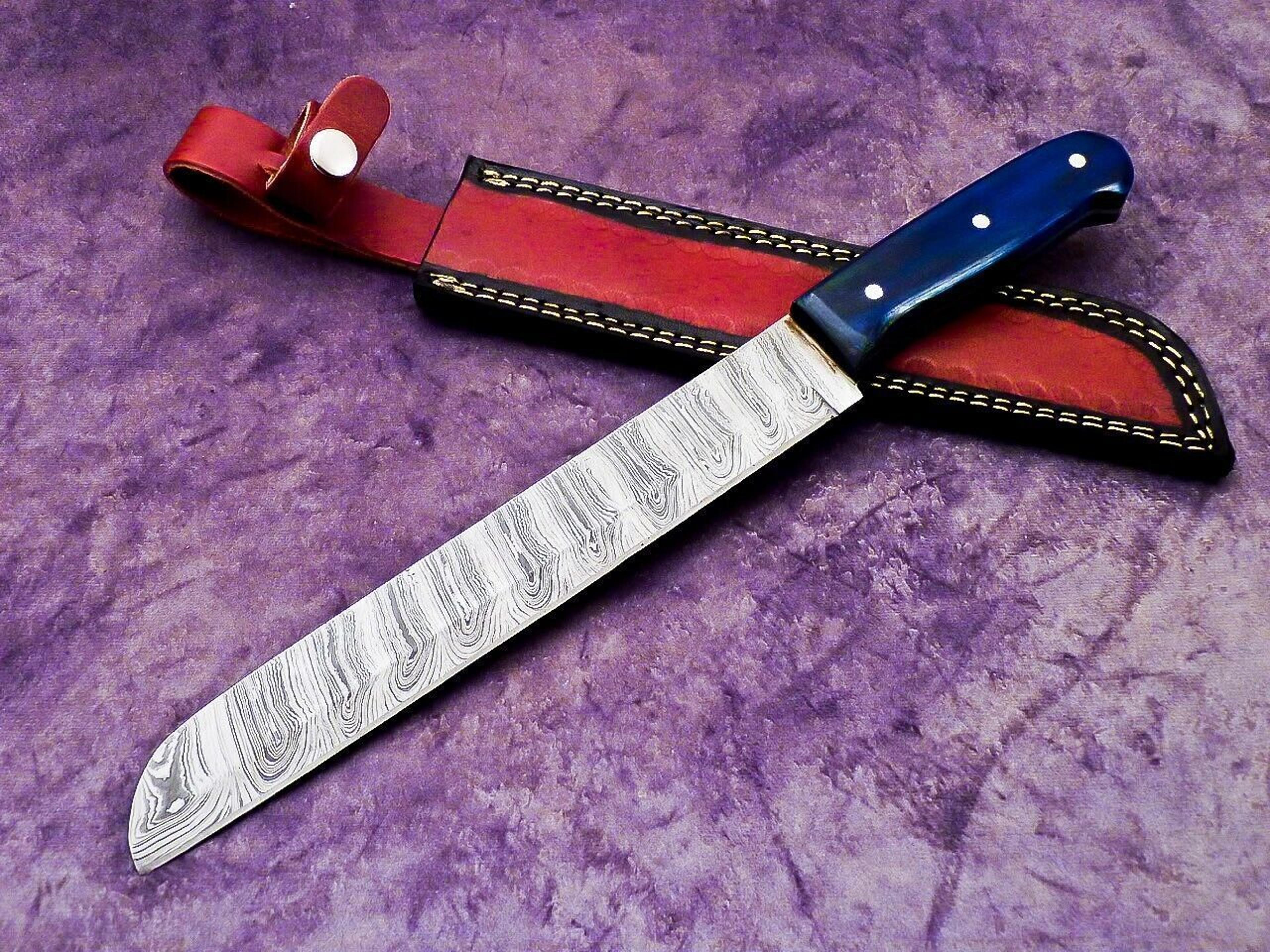 professional damascus steel chef knife | polished wooden handle & leather sheath