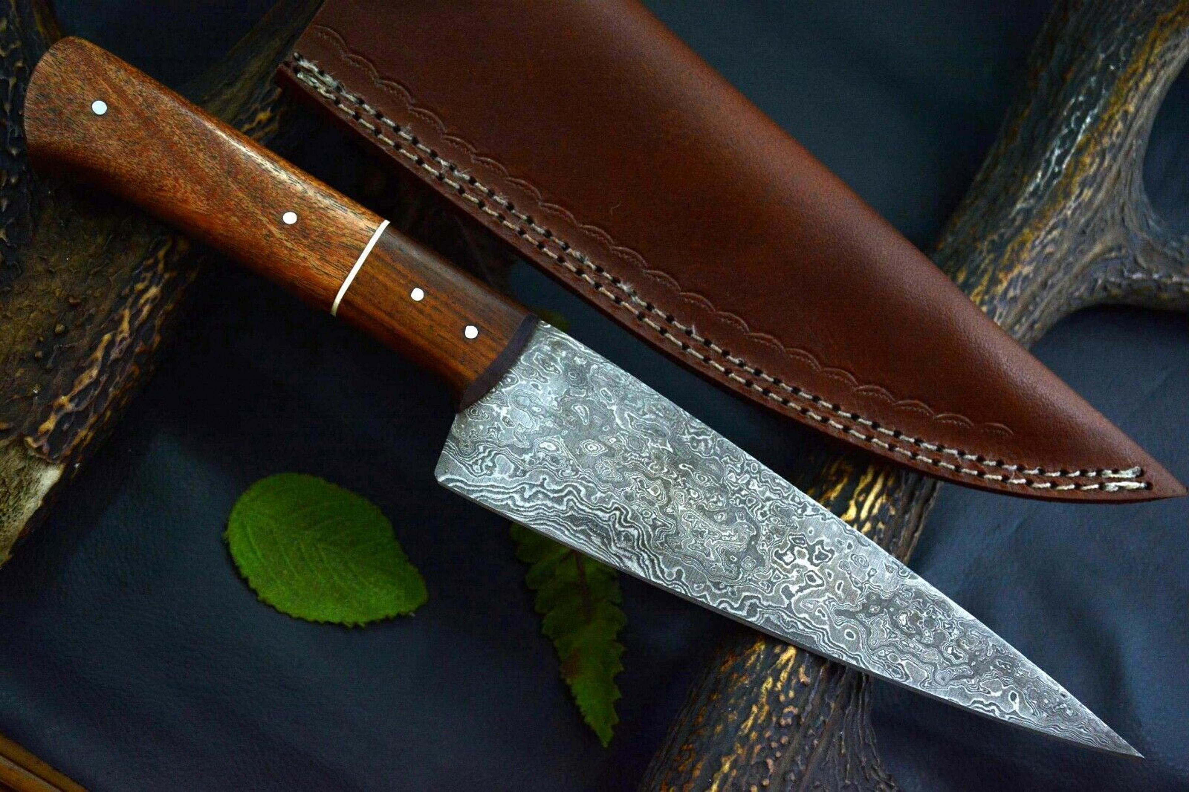 artisan forged damascus steel chef knife | elegant wooden handle kitchen blade