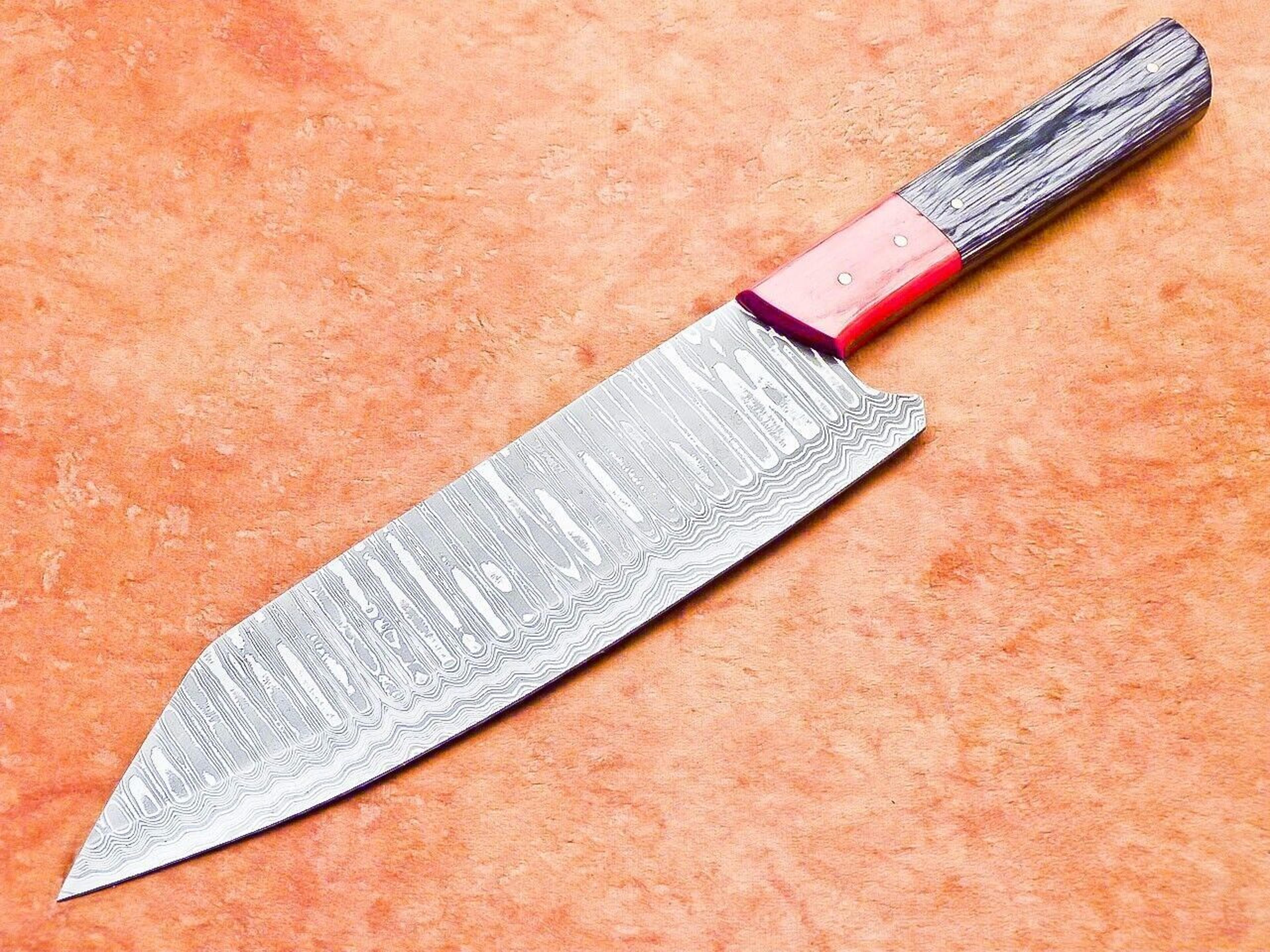 custom damascus culinary knife | wooden grip chef knife with leather sheath