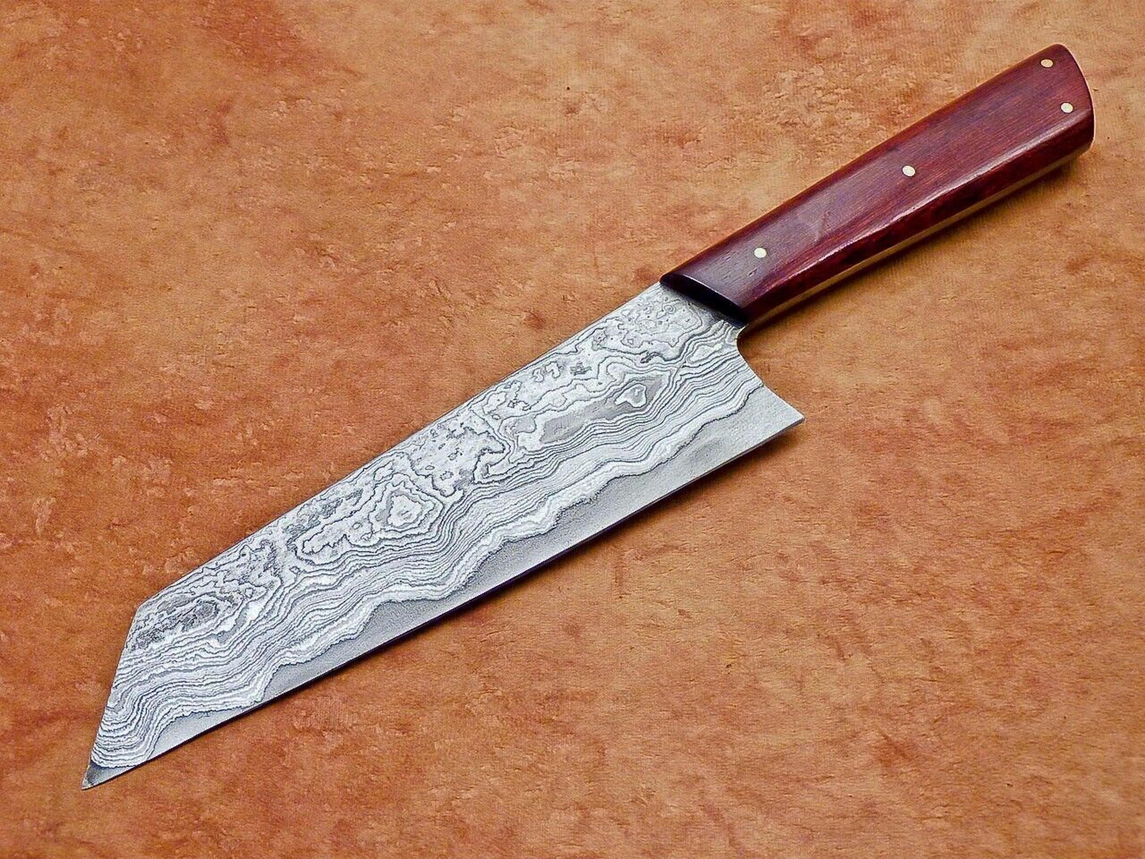 custom forged damascus kitchen knife | wooden handle