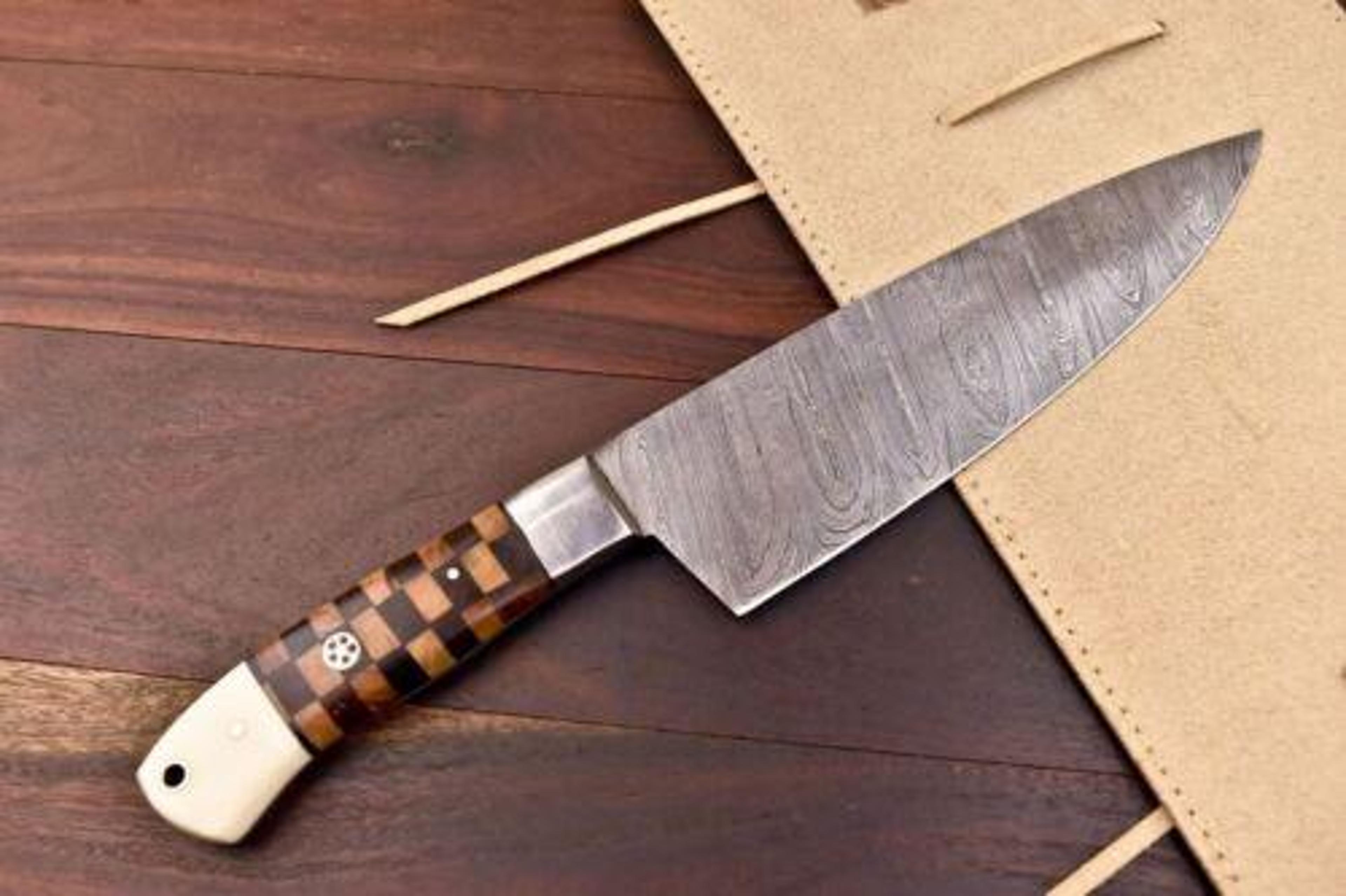 hand forged damascus steel chef knife with leather sheath | professional kitchen & hunting knife