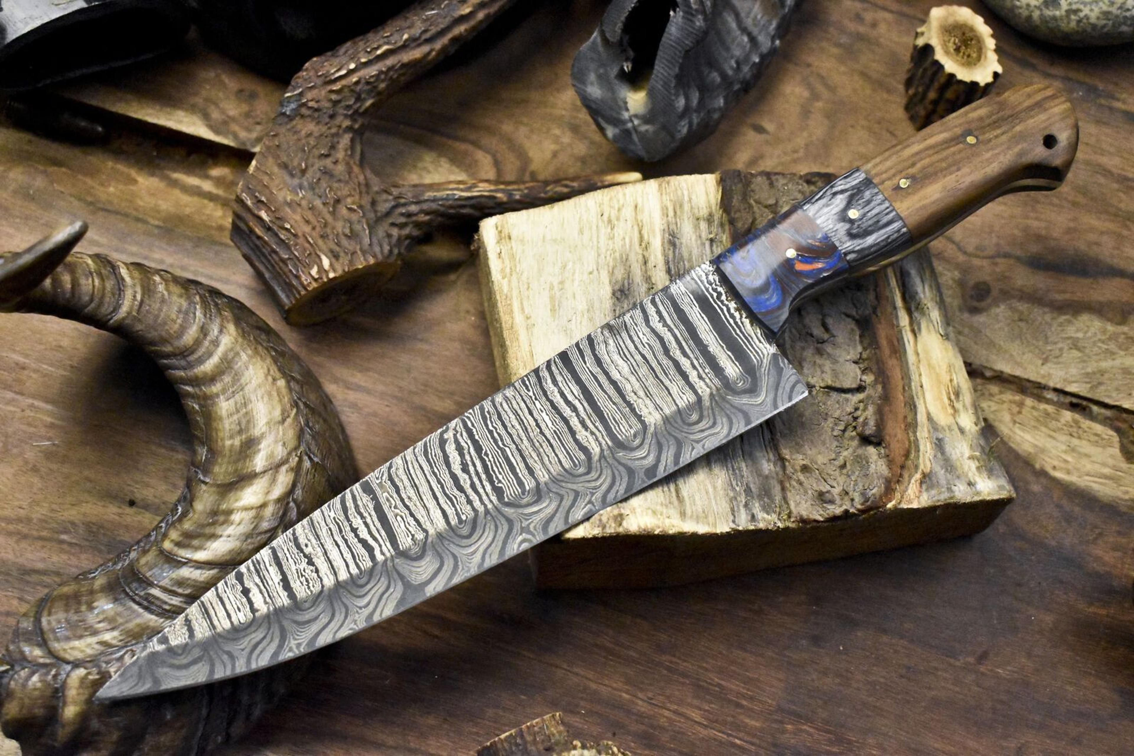 13" hand forged twist damascus chef knife | walnut wood handle | professional kitchen knife