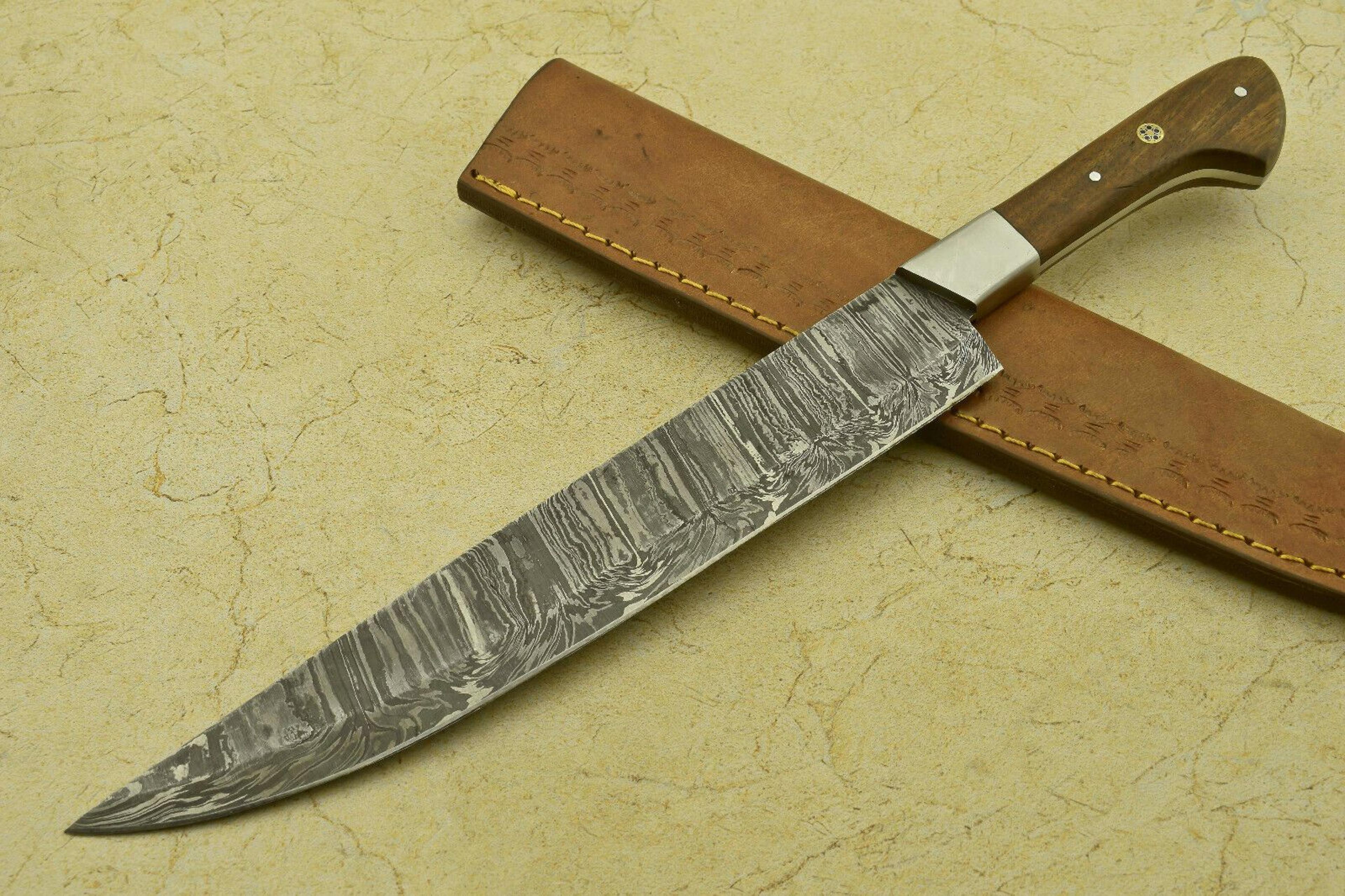artisan twist damascus chef knife with polished wood handle