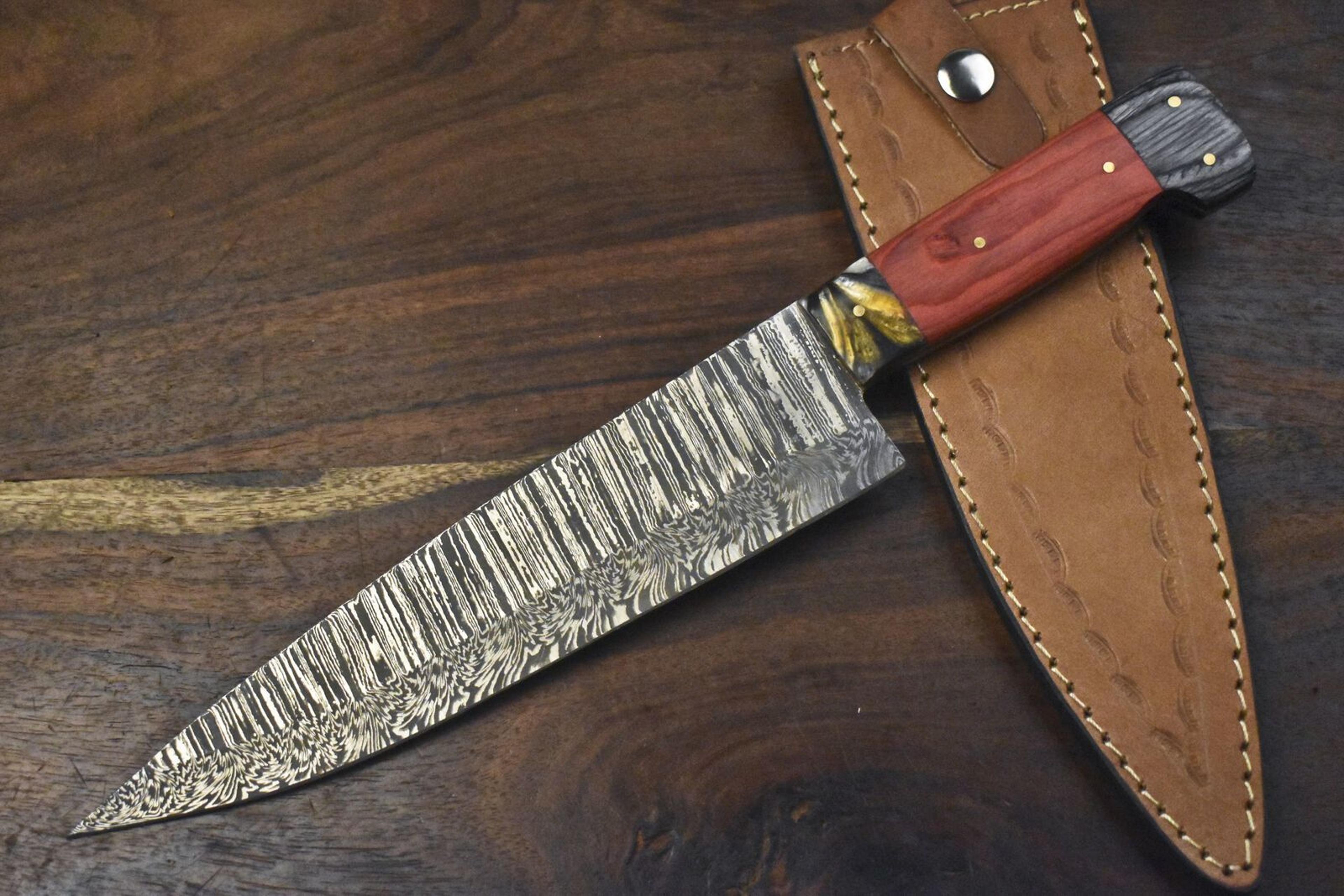 handcrafted damascus chef knife with natural walnut handle